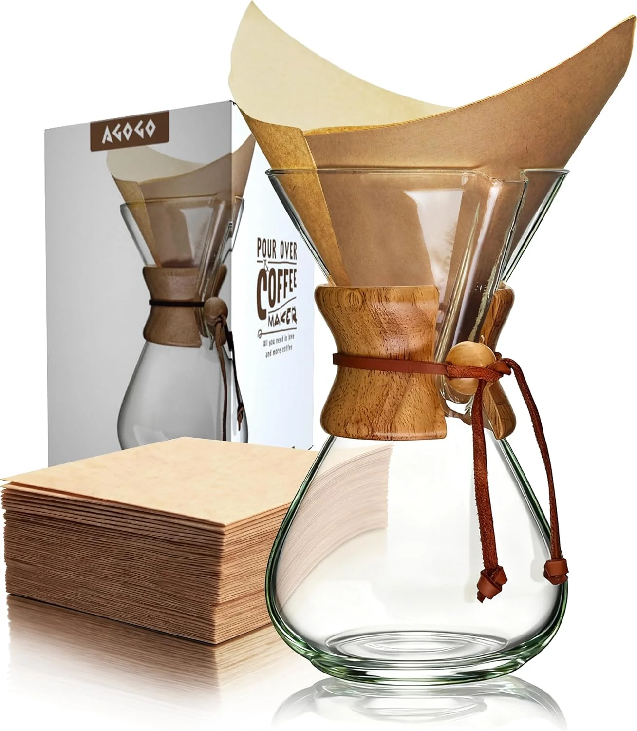 Certified AGOGO Pour Over Coffee Maker Set 34oz Classic Style 50 Paper Filters Artisan