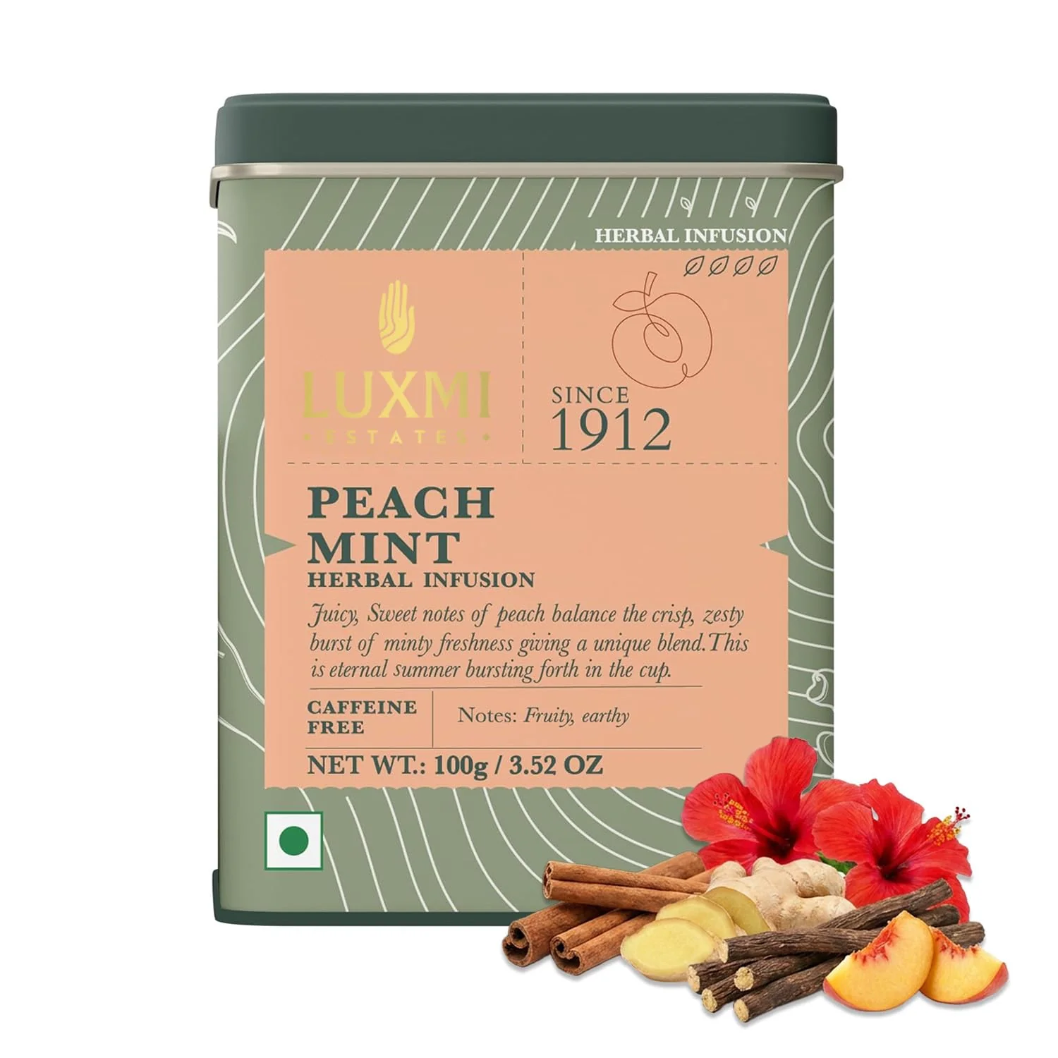Superior Luxmi Estates Peach Mint Tea with Cinnamon Ginger Hibiscus 50 cups 100g 3.5oz Caffeine- Proven