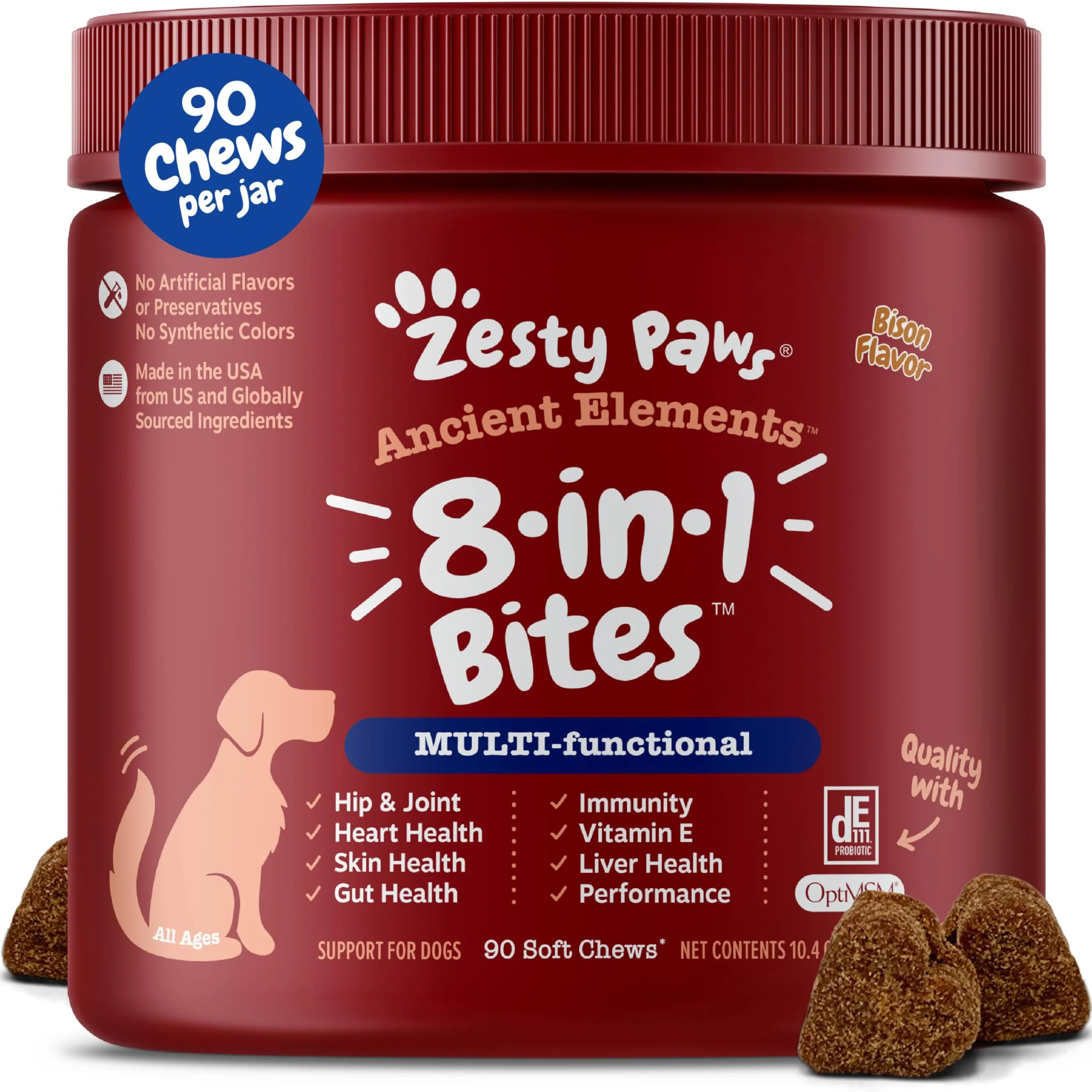 Professional Zesty Paws Dog Multivitamin 8 IN 1 Chewables for Hip Joints Skin Coat Omega 3 Bison 90ct Original