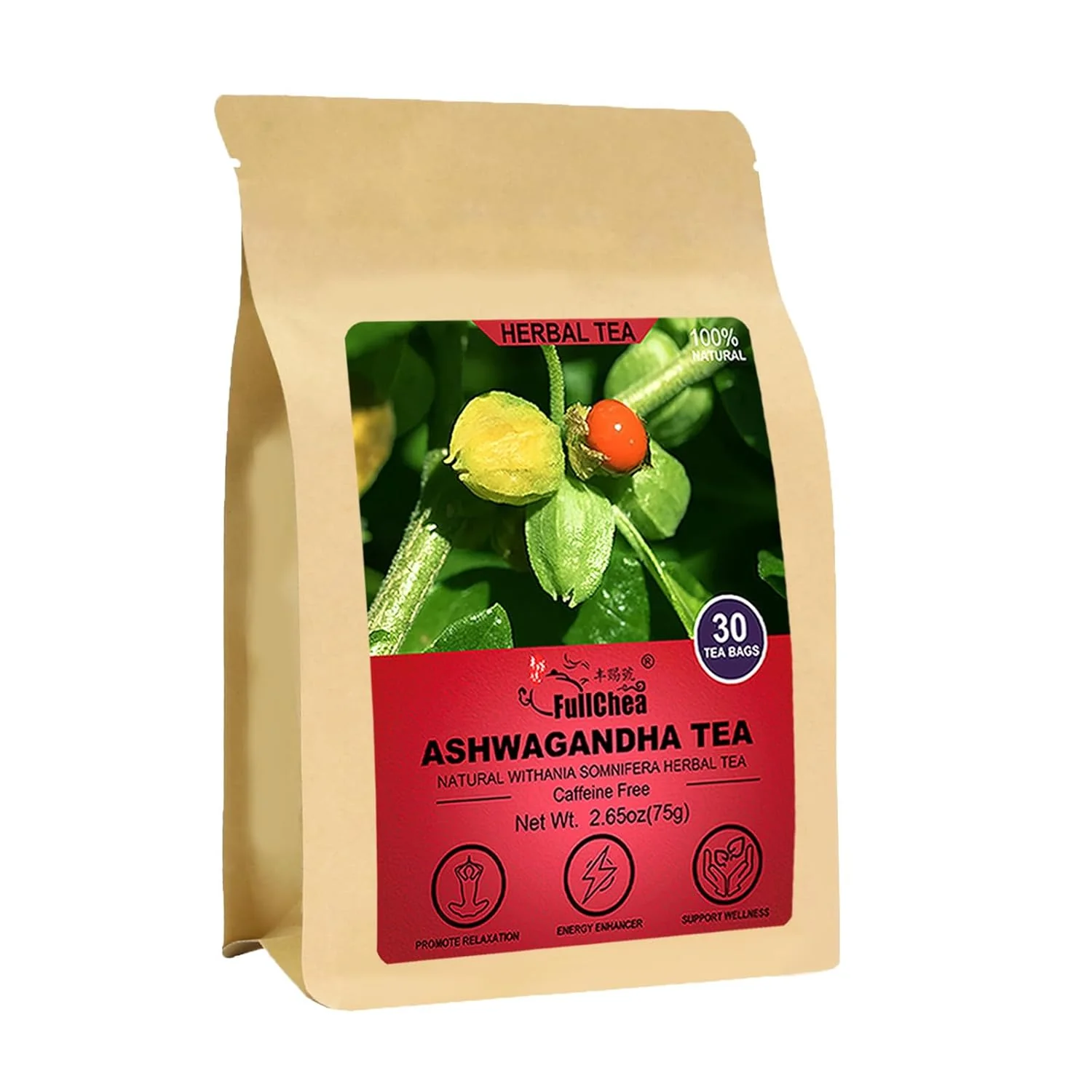 Unique FullChea - Ashwagandha Tea 2.5g X 30 Count - Sourced from India - Premium Natural Dried Cut Sifted Root - Non-GMO - Caffeine- Original Design