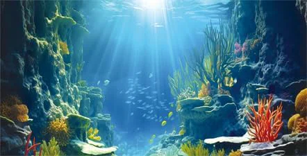 Quality 72X24IN Blue Sea Floor Aquarium Background Natural Underwater World 3D Effect Fish Tank Decorations Background Art Terrarium Background with 8 EVA Double-Sided Tape Effective