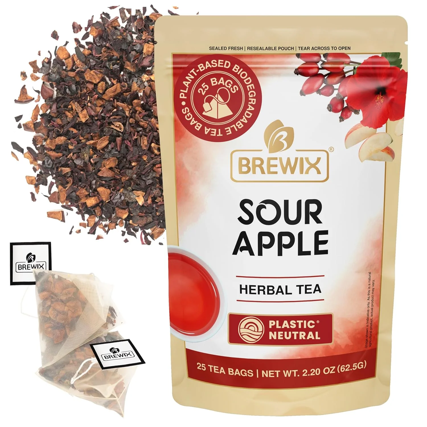 Trusted Brewix Sour Apple Hibiscus Tea Bags 25 Pyramid Tea Bags Caffeine- Herbal Tea Apple Hibiscus Rosehip Refreshing Wellness Brew for Any Mood Relaxed