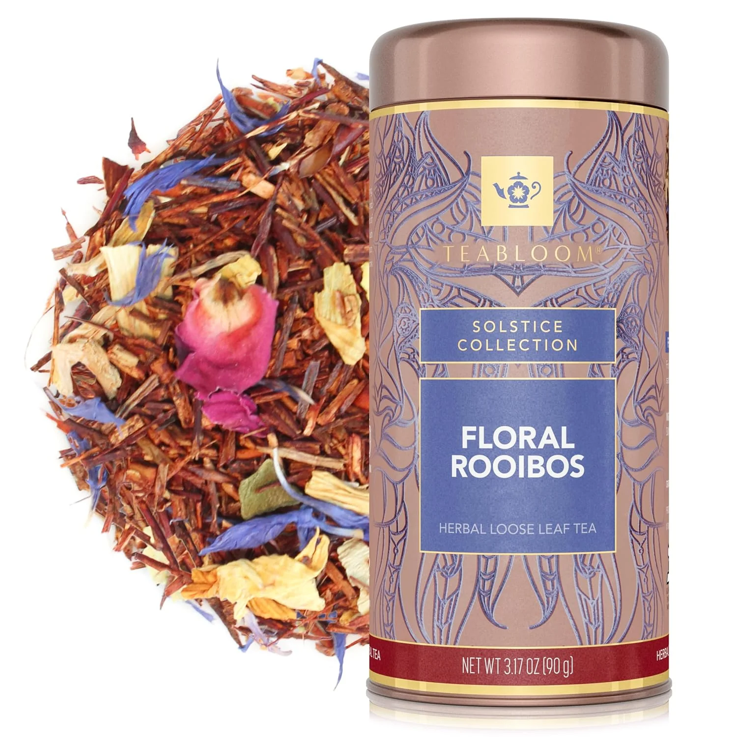 Traditional Teabloom Herbal Tea Floral Rooibos Loose Leaf Tea Rooibos Blend with Floral Flavors and Scent Kosher 3.17 oz 90 g Canister Makes 35-50 Cups Organic