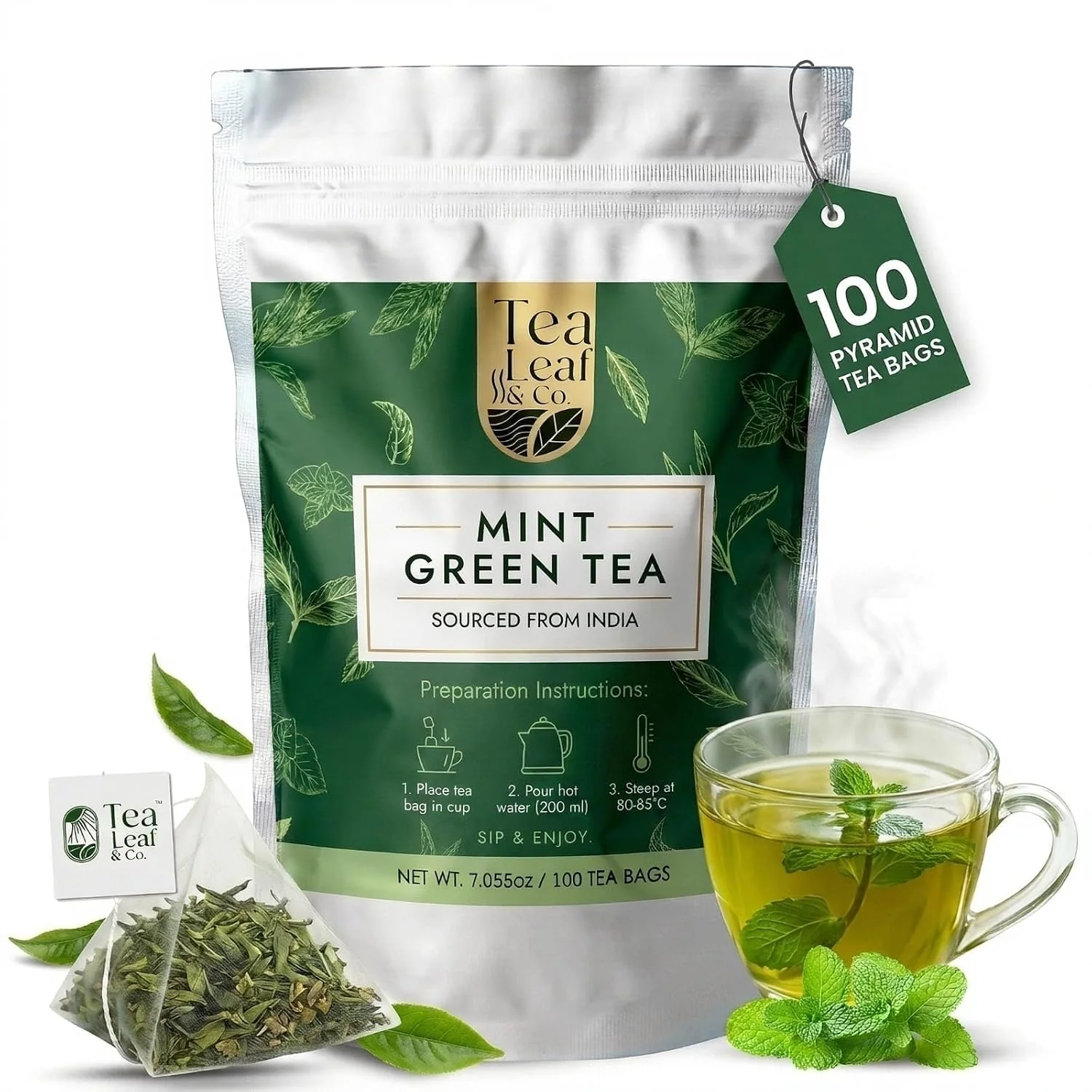 Certified Mint Green Tea 200 gm 7 oz Natural Herbal Infusion 100 Tea Bags Trendy