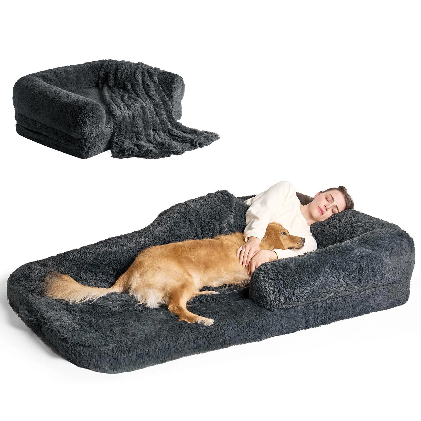 Traditional EHEYCIGA Foldable Human Dog Bed — 72x44x11 Memory Foam Waterproof Faux Fur Non-Slip for Adults Pure