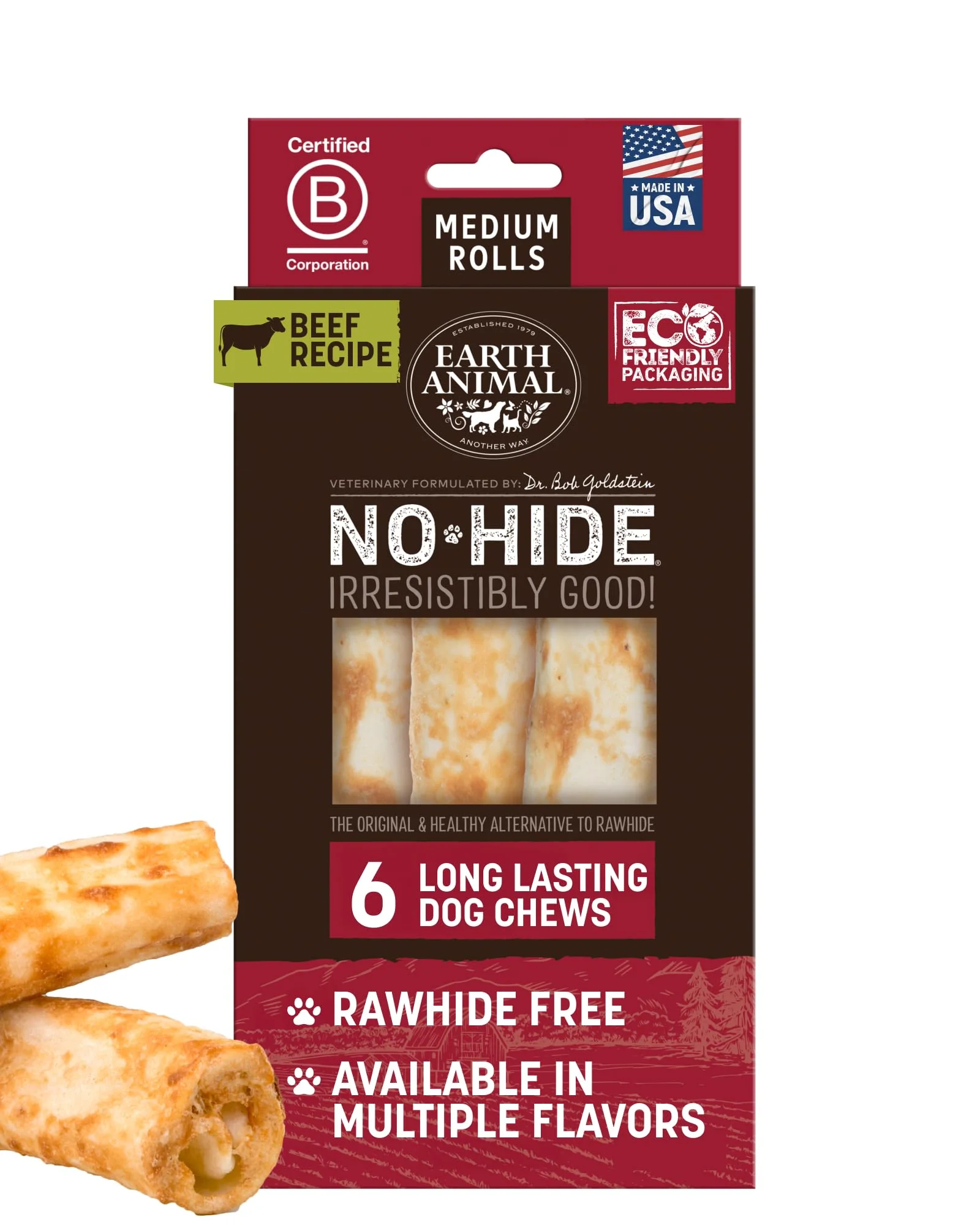 Soft Earth Animal No Hide Chews - Long Lasting Rawhide- Medium Dog Chews Rolls Beef - 6 Count Breathable