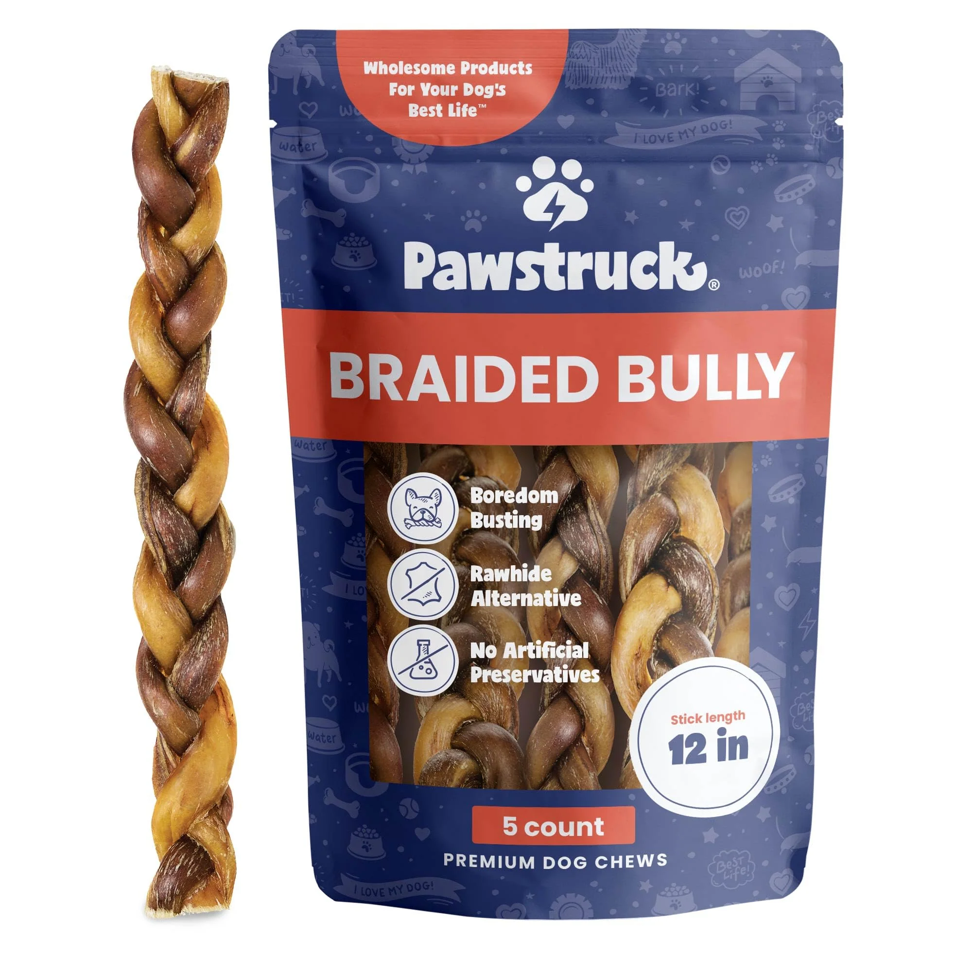 Efficient Pawstruck Natural 12-Inch Braided Bully Sticks for Dogs – Rawhide- Low-Odor 5 Count High-Quality