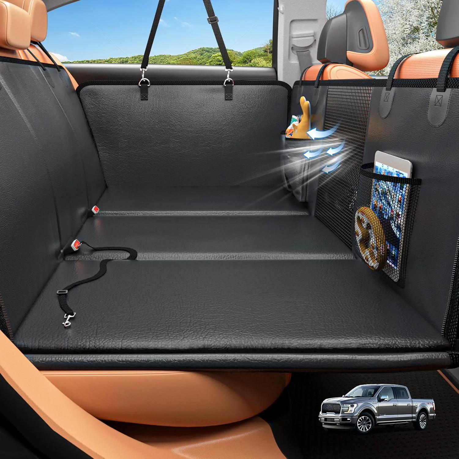 Prestigious HOB4U Back Seat Extender for Dogs — 56x30 in PU Leather Car Seat Cover Waterproof Anti-Scratch Up to 420 lbs Fast