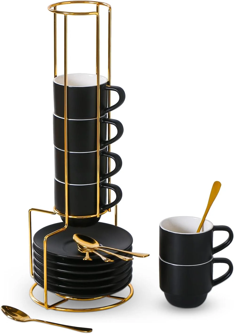Environmentally Friendly Lareina Porcelain 3-Ounce Espresso Cups Set of 6 Small Stackable Coffee Cups with Saucers Spoons and Metal Stand - Ceramic Demitasse Mugs Refined