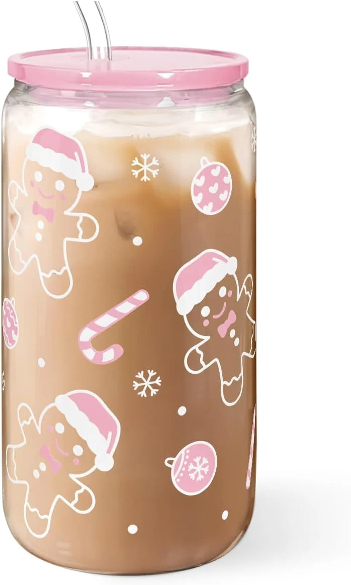 Specialty Christmas Gingerbread 16oz Can Glass Tumbler with Acrylic Lid Straw Iced Coffee Cup for Women Girls Aesthetic Cups Gifts for Xmas Casual