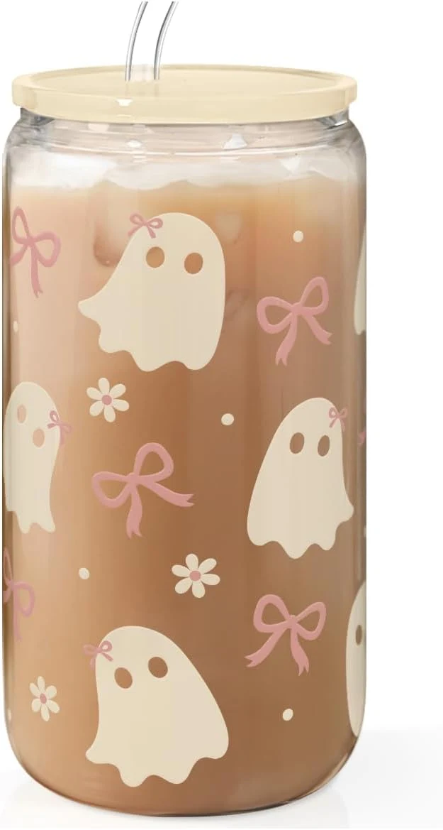 Elegant Halloween 16oz Can Glass Tumbler with Acrylic Lid Straw Iced Coffee Cup for Women Girls Aesthetic Cups Gifts for Party Genuine