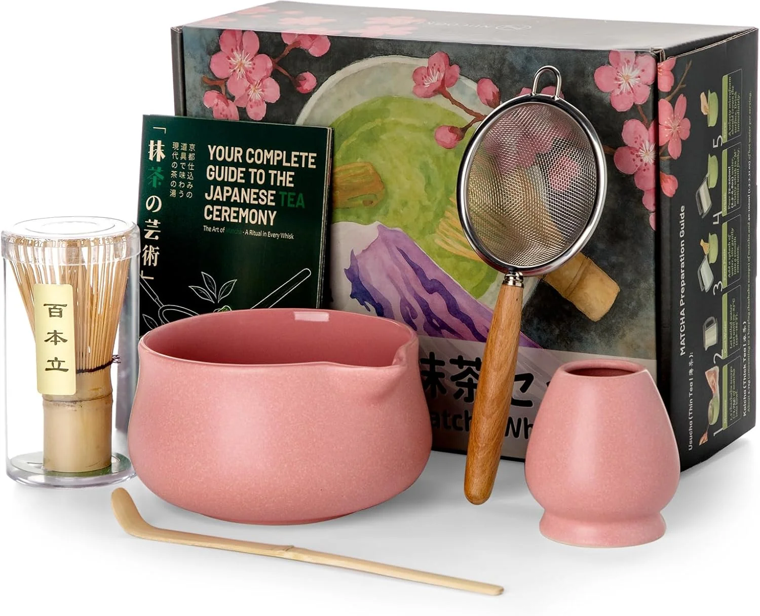 Premium Material Nucookery Matcha Set - 5PCS Matcha Whisk Set 18OZ Matcha Bowl Chawan with Spout Matcha Whisk Chasen and Holder Bamboo Matcha Scoop and Sifter Proven