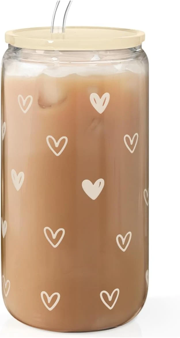Stylish Heart 16oz Can Glass Tumbler with Acrylic Lid Straw Iced Coffee Cup for Women Aesthetic Cups Gifts for Birthday Christmas Valentine Natural