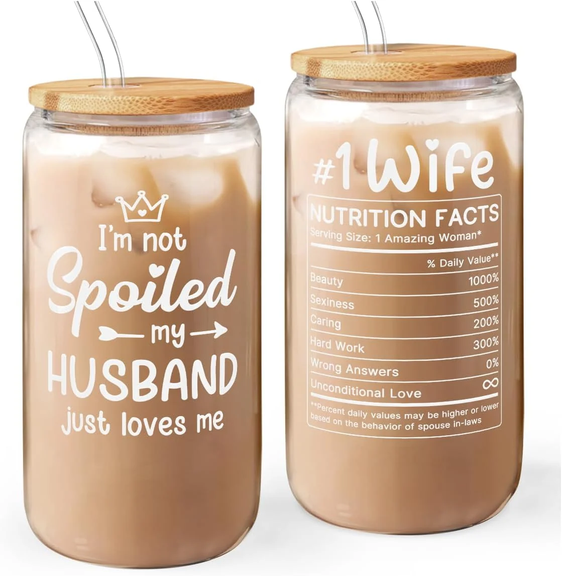 Effective Wife 16 Oz Can Glass Tumbler with Bamboo Lid and Straw - Iced Coffee Cups for Women Minimalist