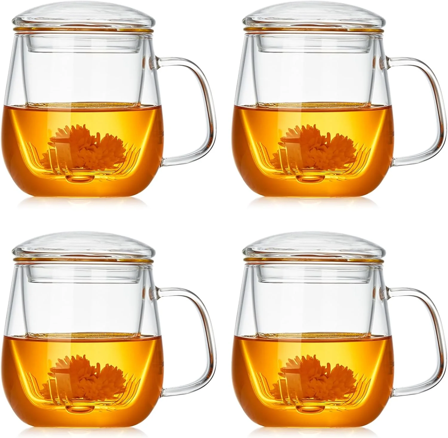 Lightweight Glass Teacups 4 Pack Glass Tea Cup with Infuser and Lid 17.6oz 520ml Large Borosilicate Teacup Tea Clear Mug Cup for Loose Leaf Blooming Tea Exceptional