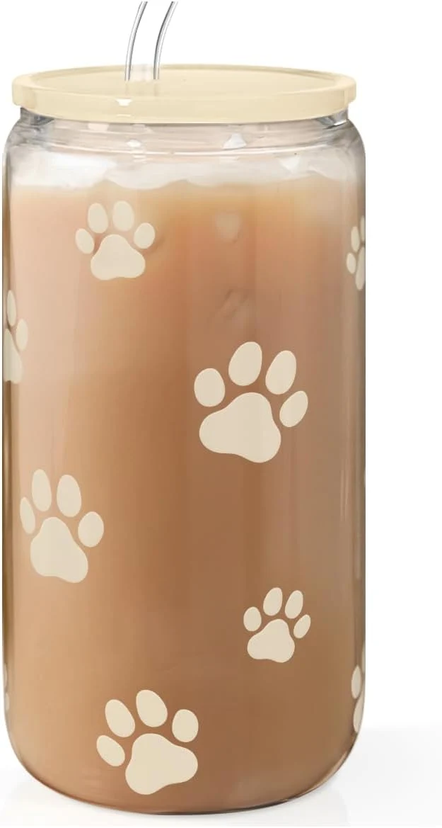 Modern Paw Print 16oz Can Glass Tumbler with Acrylic Lid Straw - Iced Coffee Cup for Women Cat Dog Mom Aesthetic Cups Gifts for Birthday Christmas Genuine