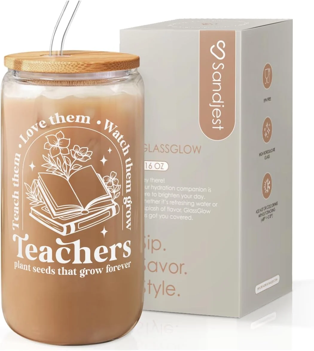 Exclusive SANDJEST Teacher Glass Can Teachers Plant Seeds That Grow Cup with Lid amp Straw Coffee Aesthetic Cups Gift for Christmas Teacher Appreciation Gifts for Women 16oz Original Design