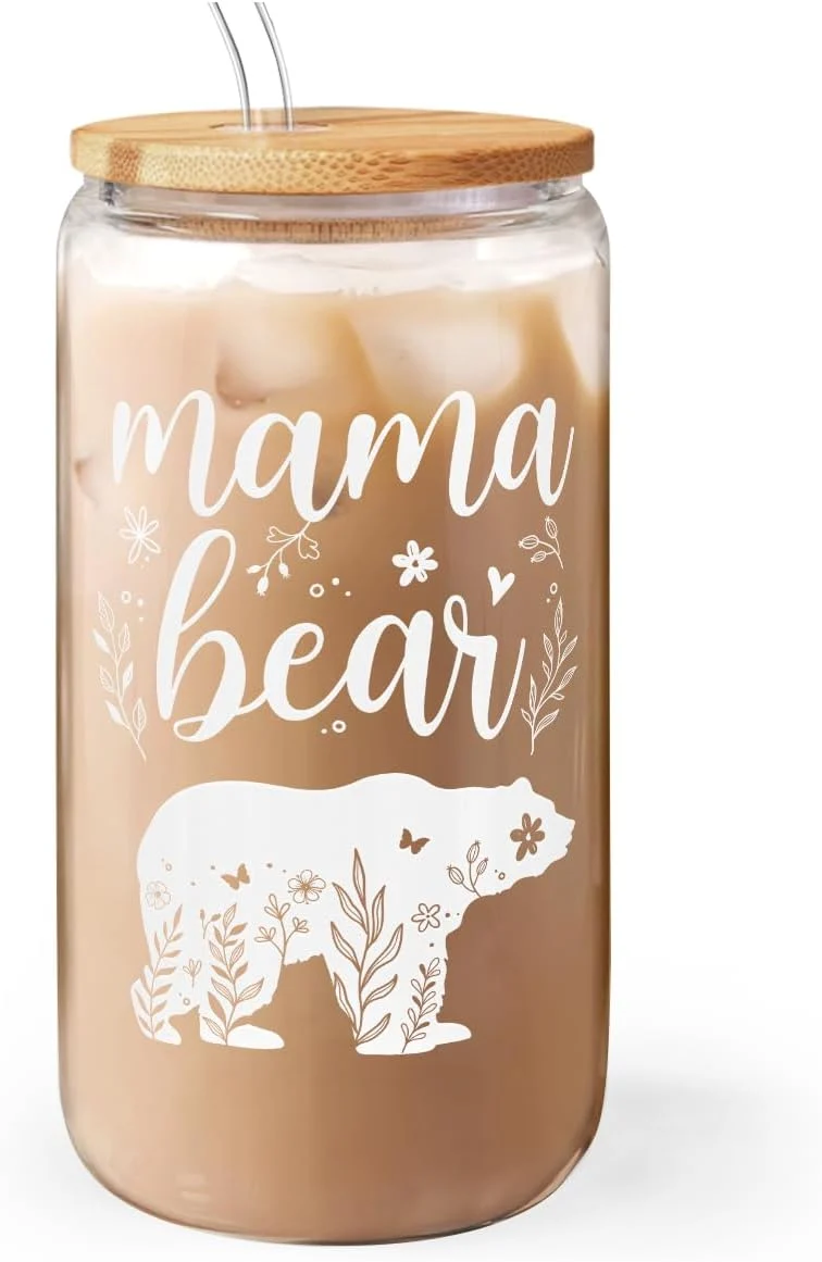 Prestigious Mom Gifts - Mama Bear 16 Oz Can Glass Tumbler with Bamboo Lid and Straw - Iced Coffee Cups for Women Innovative