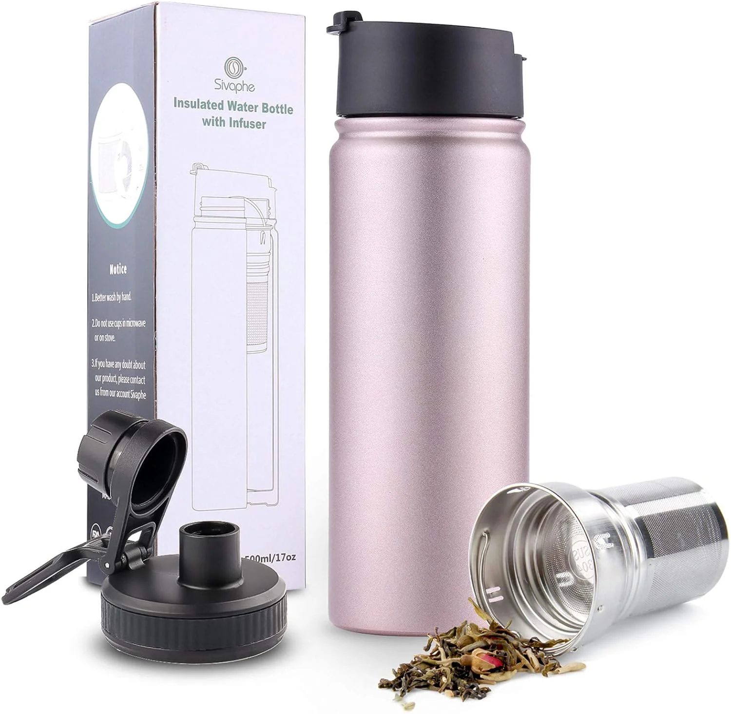Functional Infuser Travel Mug with Removable loose leaf Tea Strainer Bottle 18 8 Stainless Steel Insulated Tumbler for Women Rosegold Certified