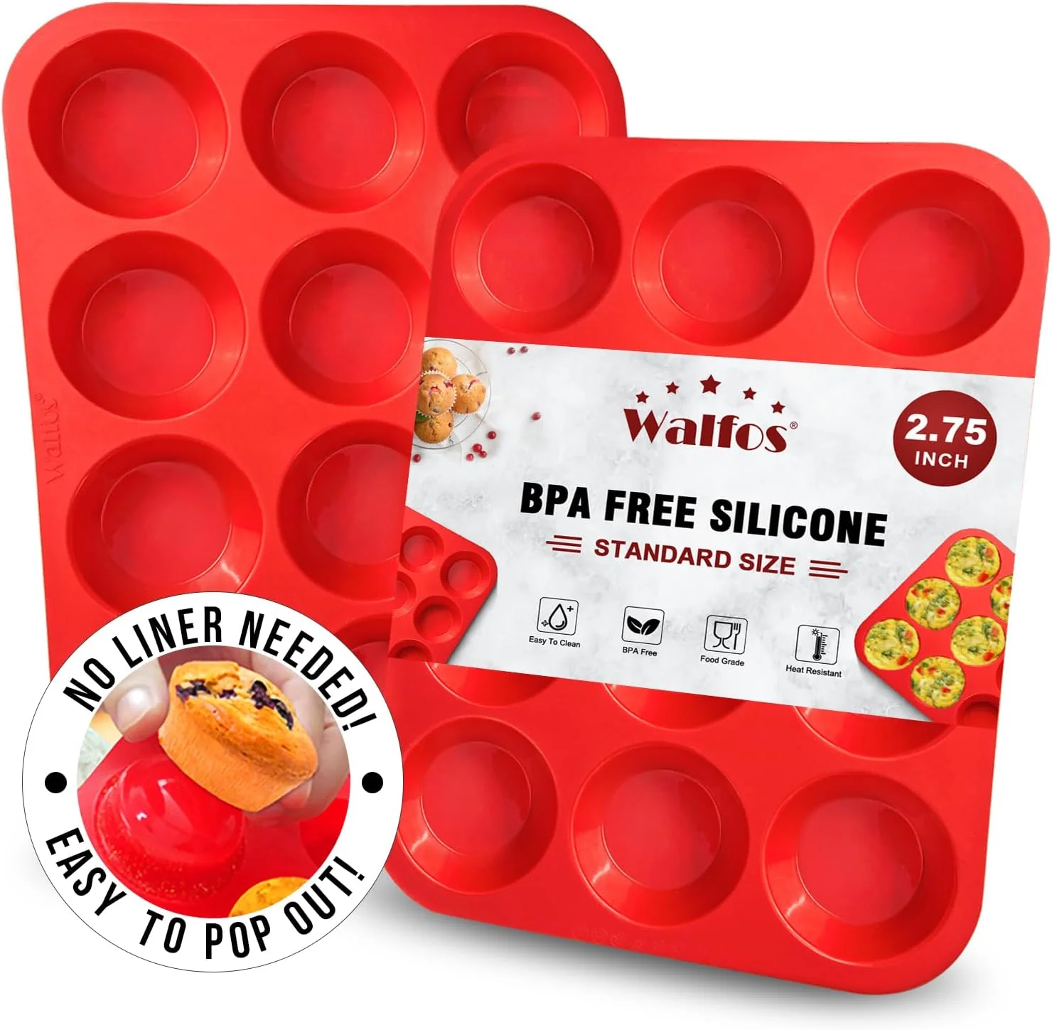 Crafted Walfos Muffin Pan Set - 12 Cups Regular Silicone Cupcake Pan Non-stick and BPA Great for Making Muffin Cakes Tart Fat Bombs Minimalist