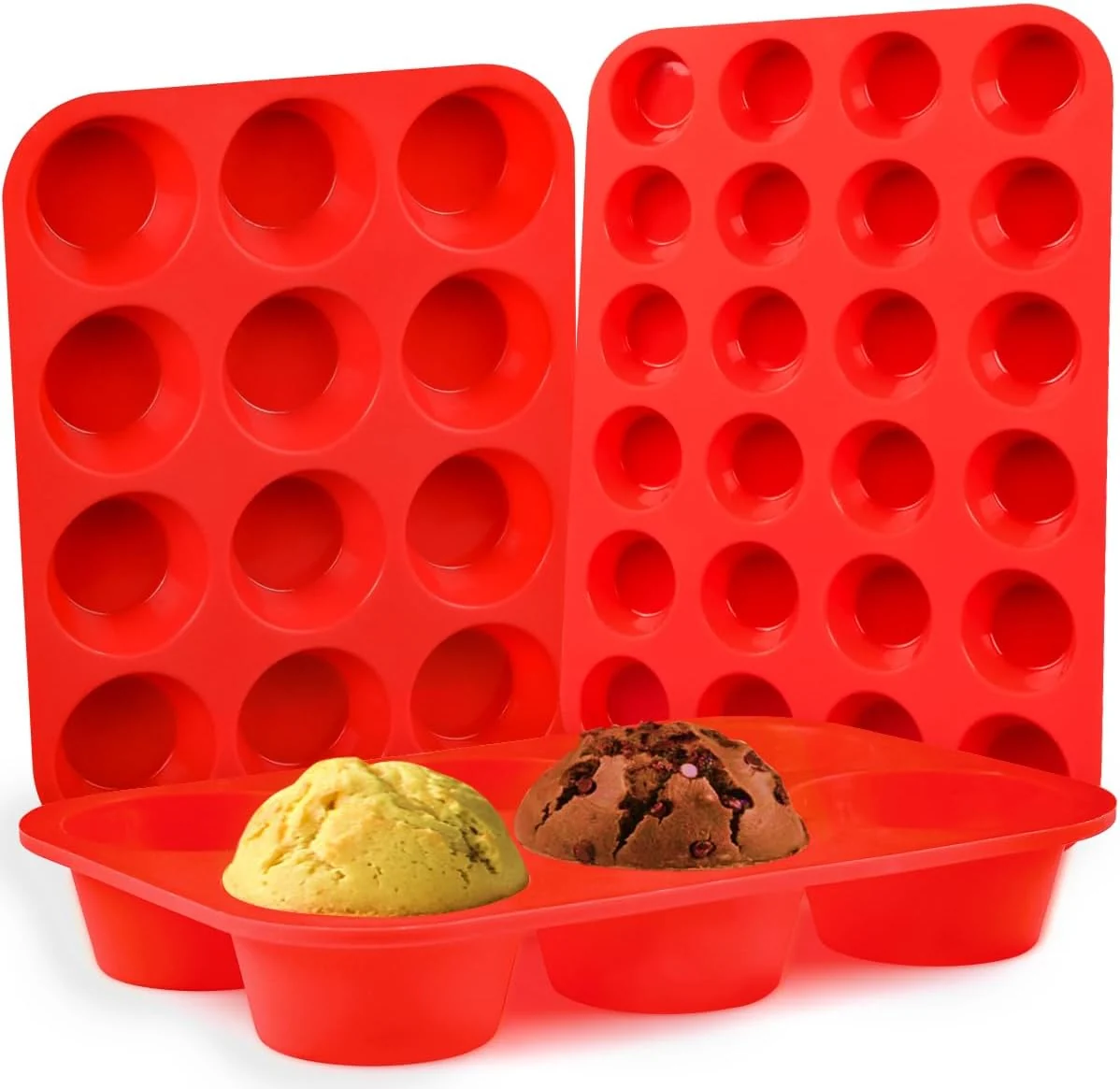 Recyclable Silicone Muffin Pan Set - Mini 24 Cups Regular 12 Cups Cupcake Pan Jumbo 6 Cups Muffin Pan Silicone Bakeware for Baking Set of 3 Eco-Friendly