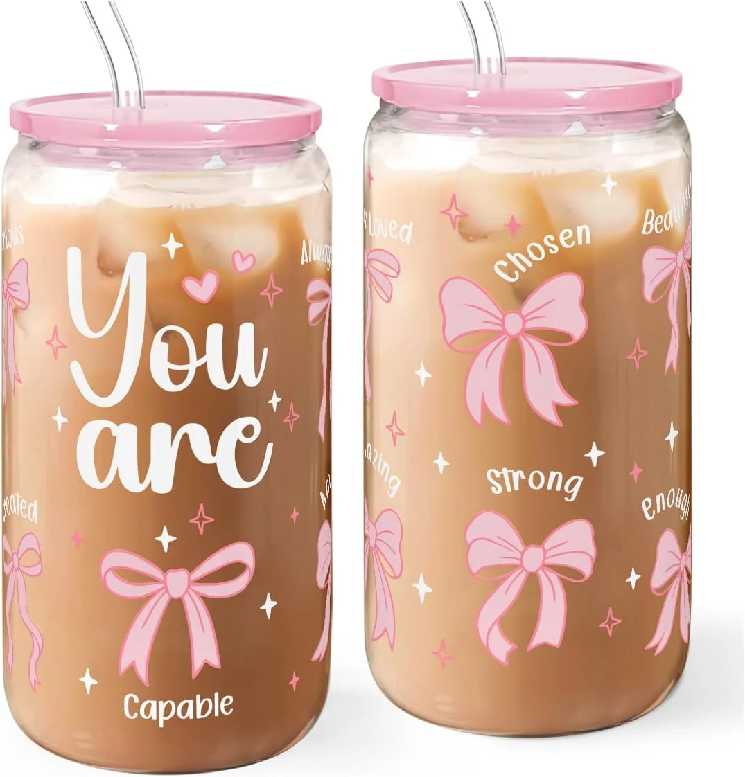 Recyclable Christian 16oz Can Glass Tumbler with Acrylic Lid Straw Iced Coffee Cup for Women Girls Aesthetic Cups Gifts for Birthday Christmas Modern
