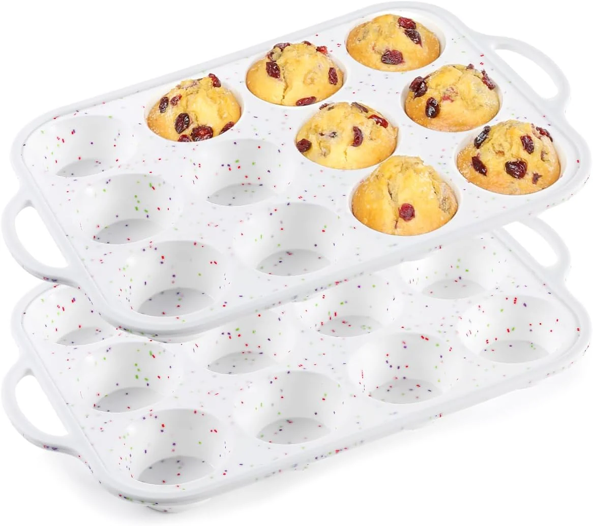 Exclusive CAKETIME Silicone Muffin Pan with Metal Frame Metal Reinforced Frame Regular Size Cupcake Pan with Handle 12 Cups Nonstick Muffin Pan for Baking BPA 2 Pack Enhanced