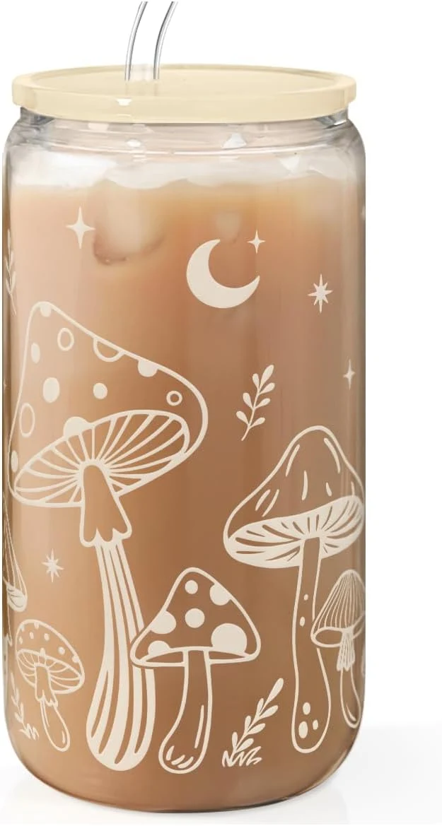 Optimized Mushroom 16oz Can Glass Tumbler with Acrylic Lid Straw Iced Coffee Cup for Women Aesthetic Cups Gifts for Birthday Christmas Official