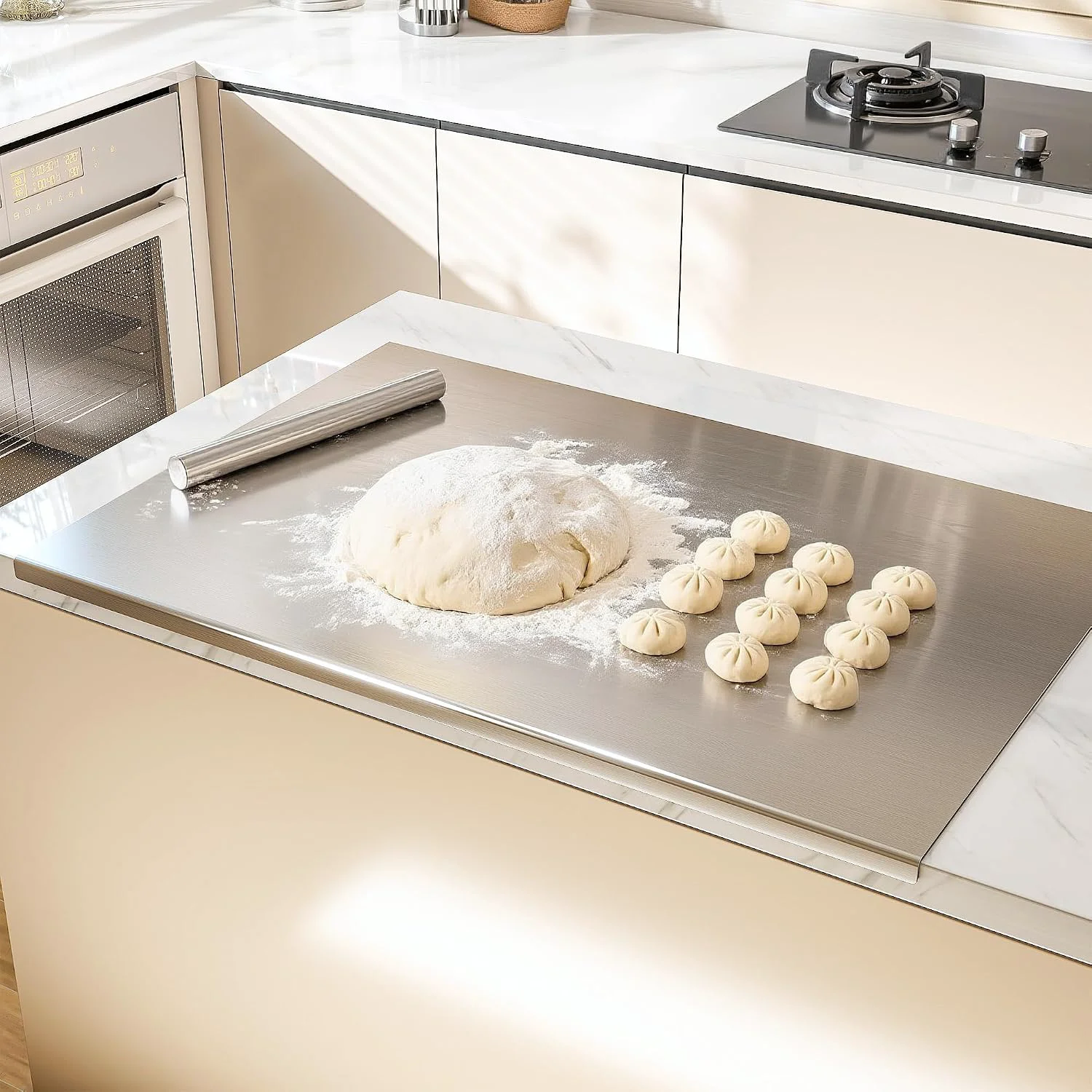Efficient Nisorpa Stainless Steel Cutting Board with Lip Chopping Board 35.4 Lx19.7 W Heavy-duty metal chopping board with rolling pin pastry kneading dough board safe rounded edges for baking prep stove. Effective