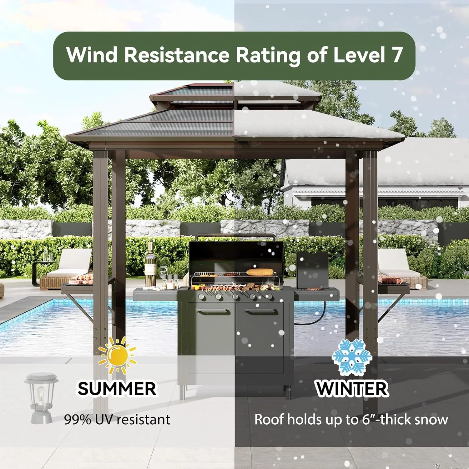 Solid Aluminum Grill Gazebo 8x5ft With Polycarbonate Roof Safe