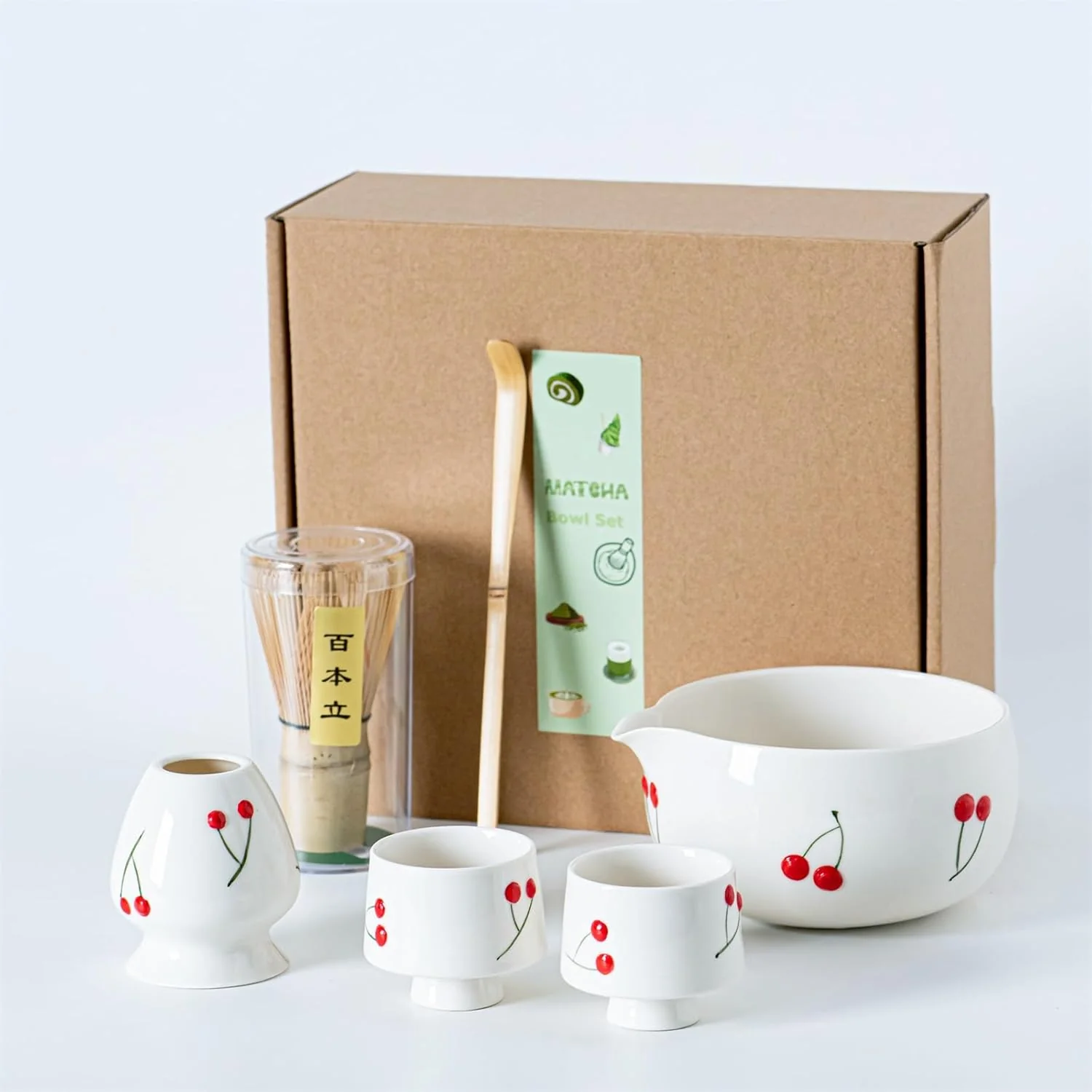 Reusable Red Cherries Matcha Whisk Set with Matcha Bowl Bamboo Whisk Scoop and Whisk Holder Hand-Painted Cute Matcha Set for Matcha Lovers Tea Ceremony Stylish