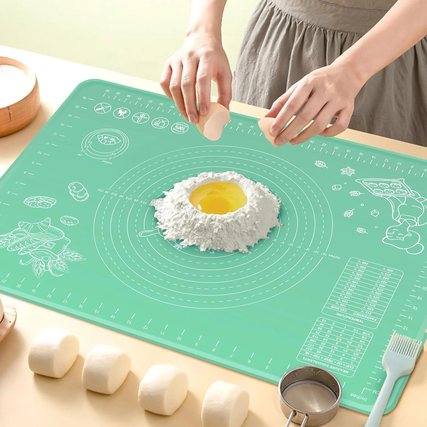 Reusable Silicone Pastry Mat 32 x 24 Extra Thick Non Stick Baking Mat with Measurements and Edge Heightening Food Grade Silicone Rolling Mat for Pastry Carefully Designed