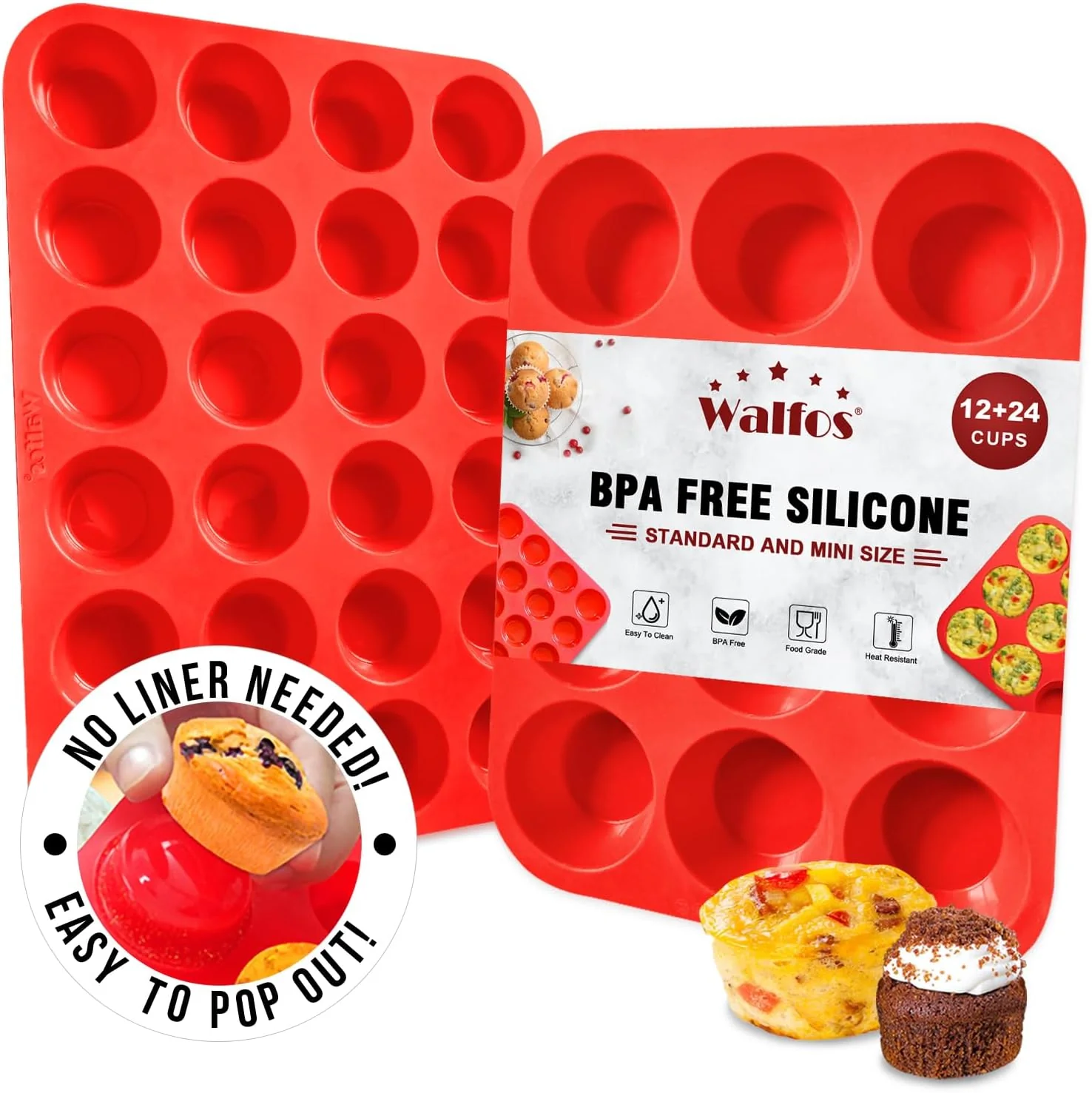 High-Quality Walfos Silicone Muffin Pan Set - Regular 12 Cups Silicone Muffin Pan and Mini 24 Cups Cupcake Pan - BPA and Dishwasher Safe Refined