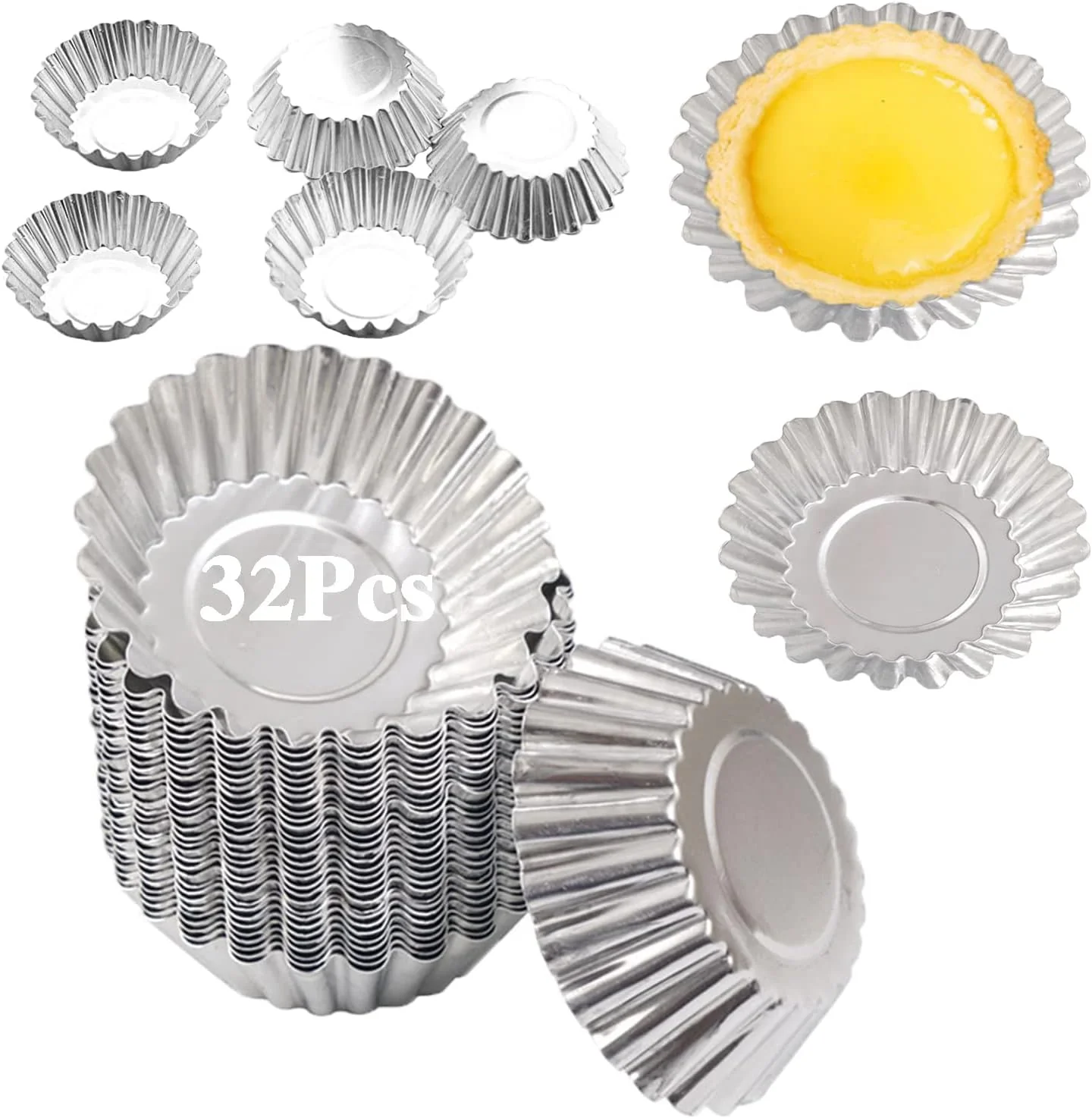 Recyclable Egg Tart Molds 32Pack Tart Pan 2.75inch Mini Tart Tins Aluminium Mini Tart Pans for Baking 32Pack-2.75inch Solid