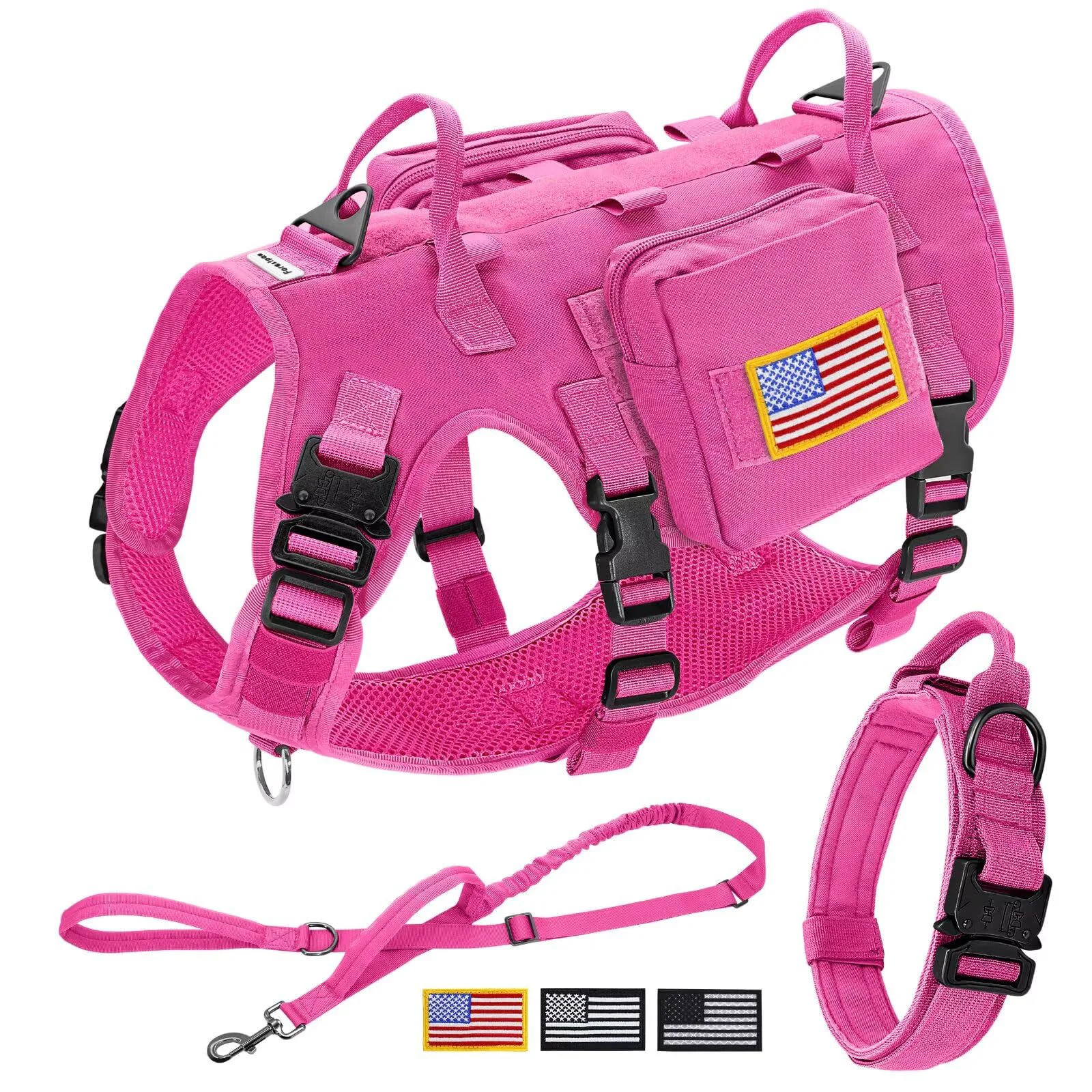 Genuine Forestpaw Pink Tactical Dog Harness for Large Dogs — No-Pull Bungee Leash MOLLE Bundle Luxury