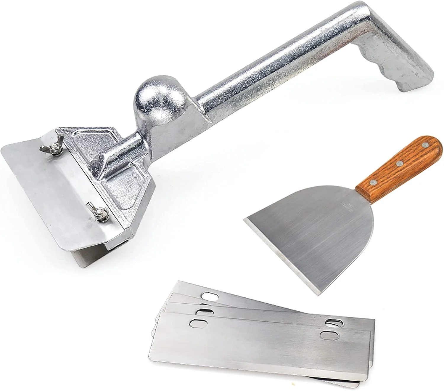 Dependable Grill Scrapers Heavy Duty Casting Aluminum Commercial Griddle Scraper with 5 Blades and Small Slant Edge Grill Scraper Safe