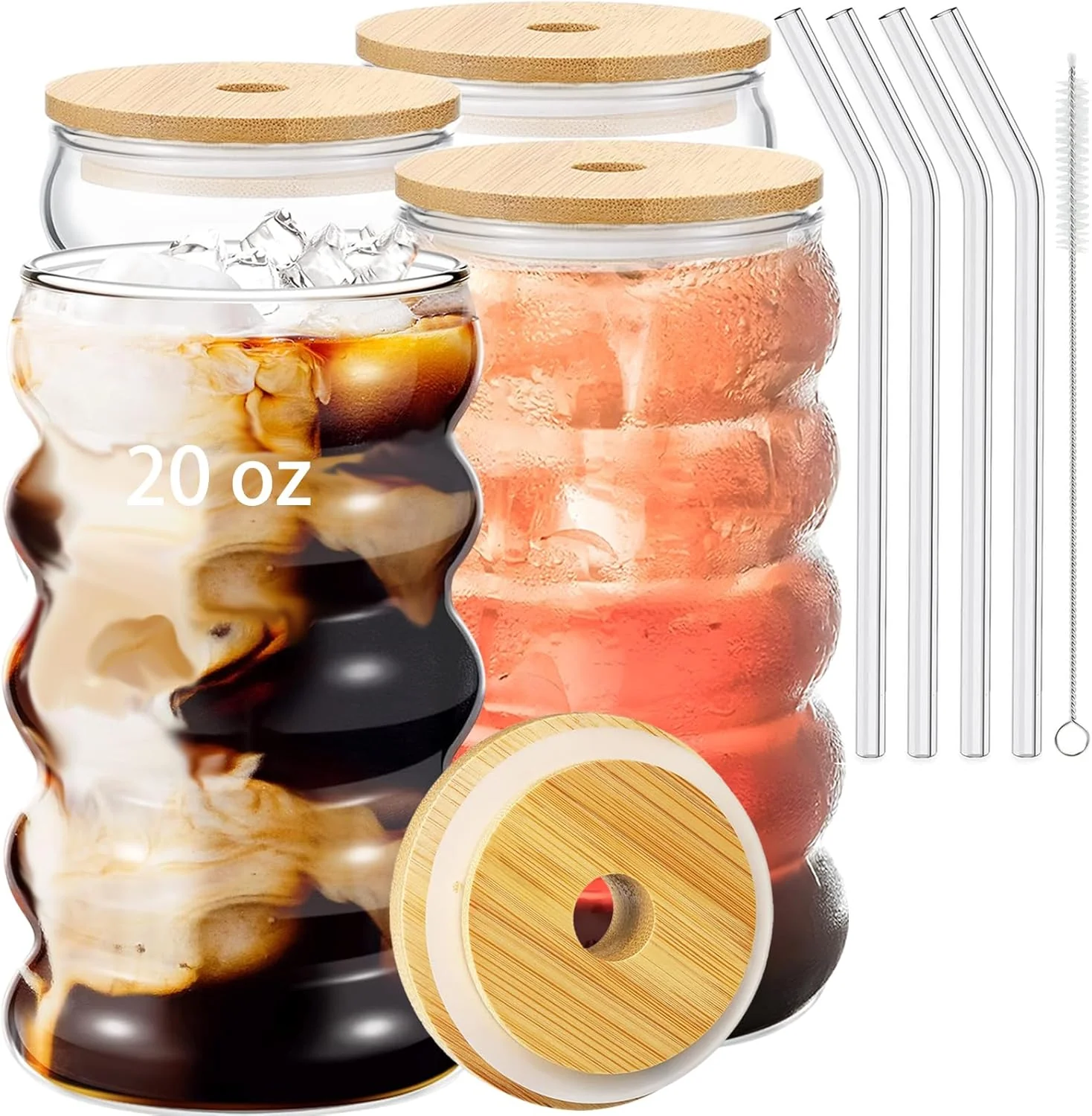 Refined 4 Pcs 20oz Drinking Glasses Set with Bamboo Lids and Straws Cute Iced Coffee Glass Cups Iced Coffee Tumblers Thick Drinking Jars for Smoothie Superior