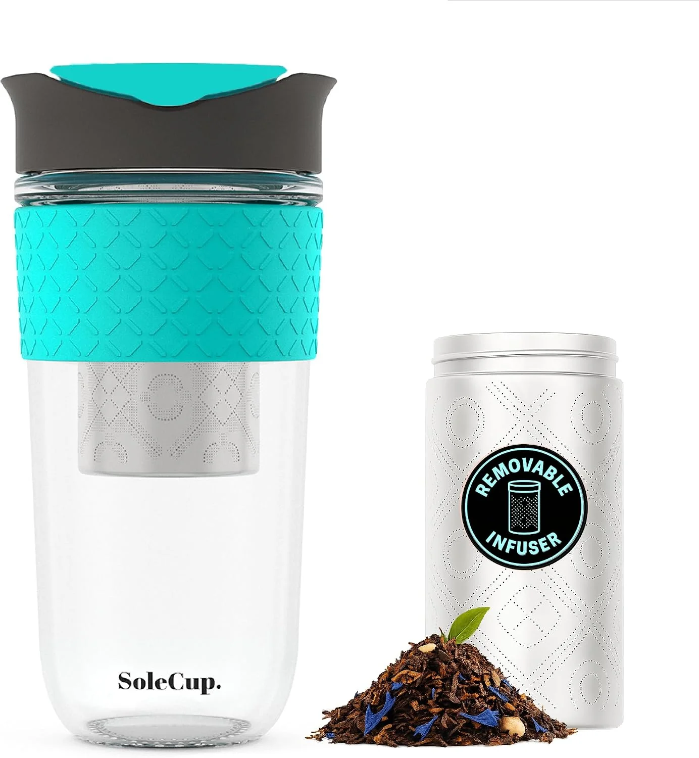 Dependable Large Travel Mug Loose Tea Infuser - Detachable Tea Strainer with Spill Proof Lid - 18oz 530ml BPA- Reusable Glass Travel Coffee Cup with Silicone Band Gray and Blue 18oz Efficient