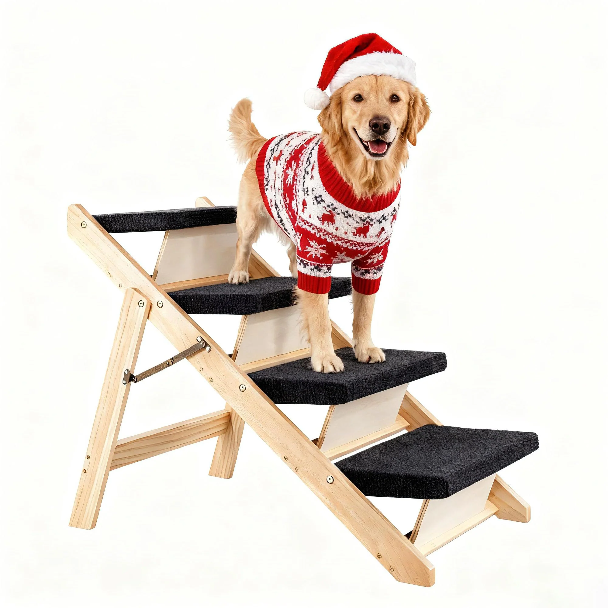 Next-Generation MEWANG Wood Pet Stairs Ramp for Small Medium Dogs Cats — 3-in-1 Foldable Non-Slip 220 Lb Capacity Detailed