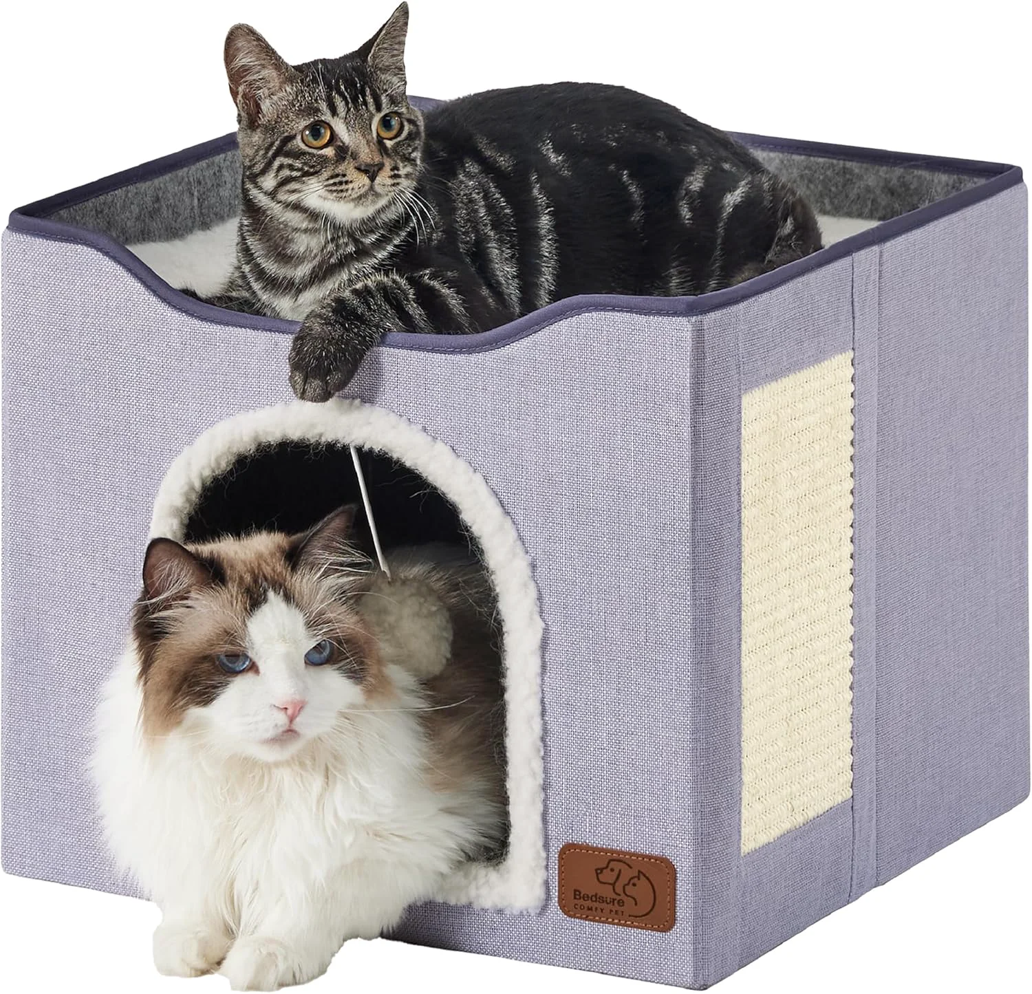 Safe Bedsure Cat Beds for Indoor Cats - Large Cat Cave for Pet Cat House with Fluffy Ball Hanging and Scratch Pad Foldable Cat Hideaway 16.5x16.5x13 inches Cloud Purple Relaxed