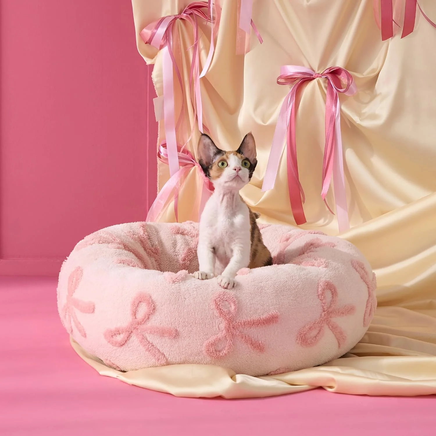 Premium LE SURE Donut Cat Beds for Indoor Cats - Round Small Dog Bed Calming Pet Beds Cute Modern Beds with Jacquard Shaggy Plush Anti Slip Bottom 20 Inch Pink Taffy Casual