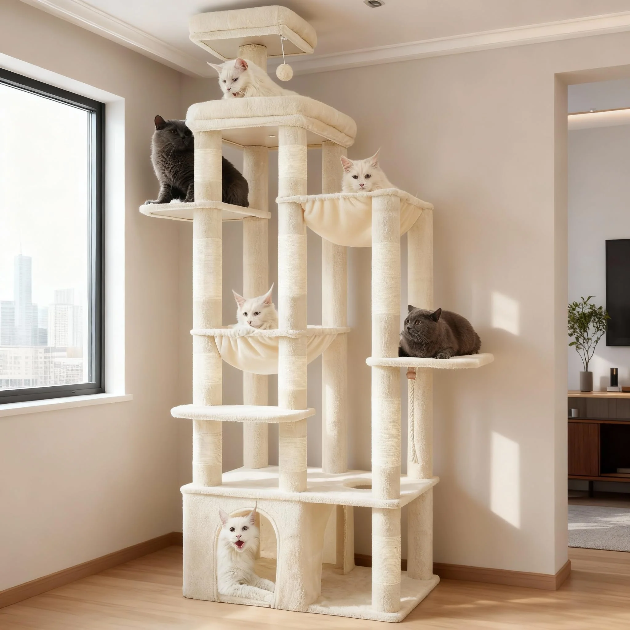Enhanced Heybly Cat Tree 71-Inch Tall Cat Tower for Large Cats Extra-Large Base 2 Hammocks 12 Scratching Posts - Beige HCT037M World-Class