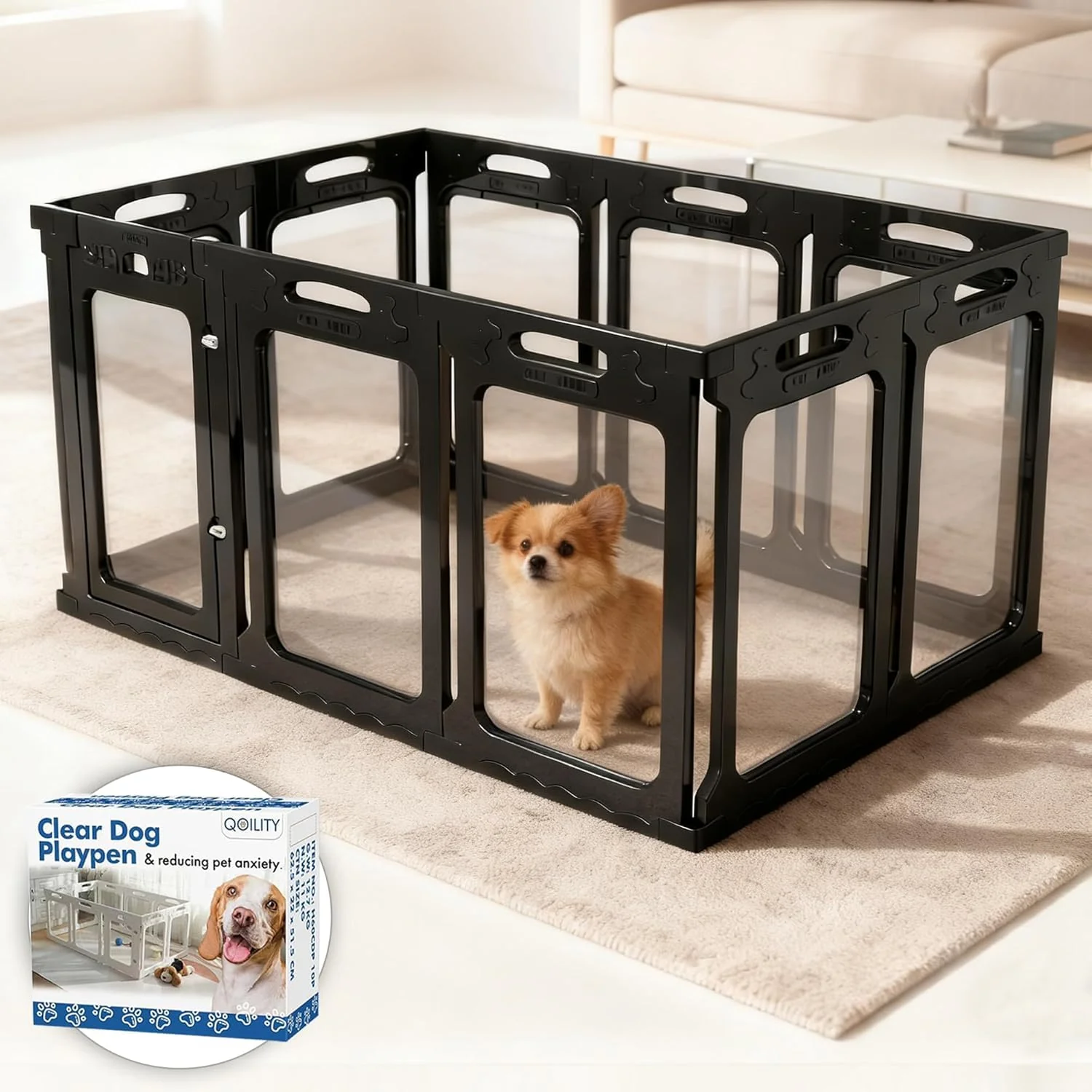 Innovative Qoility Clear Acrylic Dog Playpen with Door – 10 Panels 24-inch High Black Unique