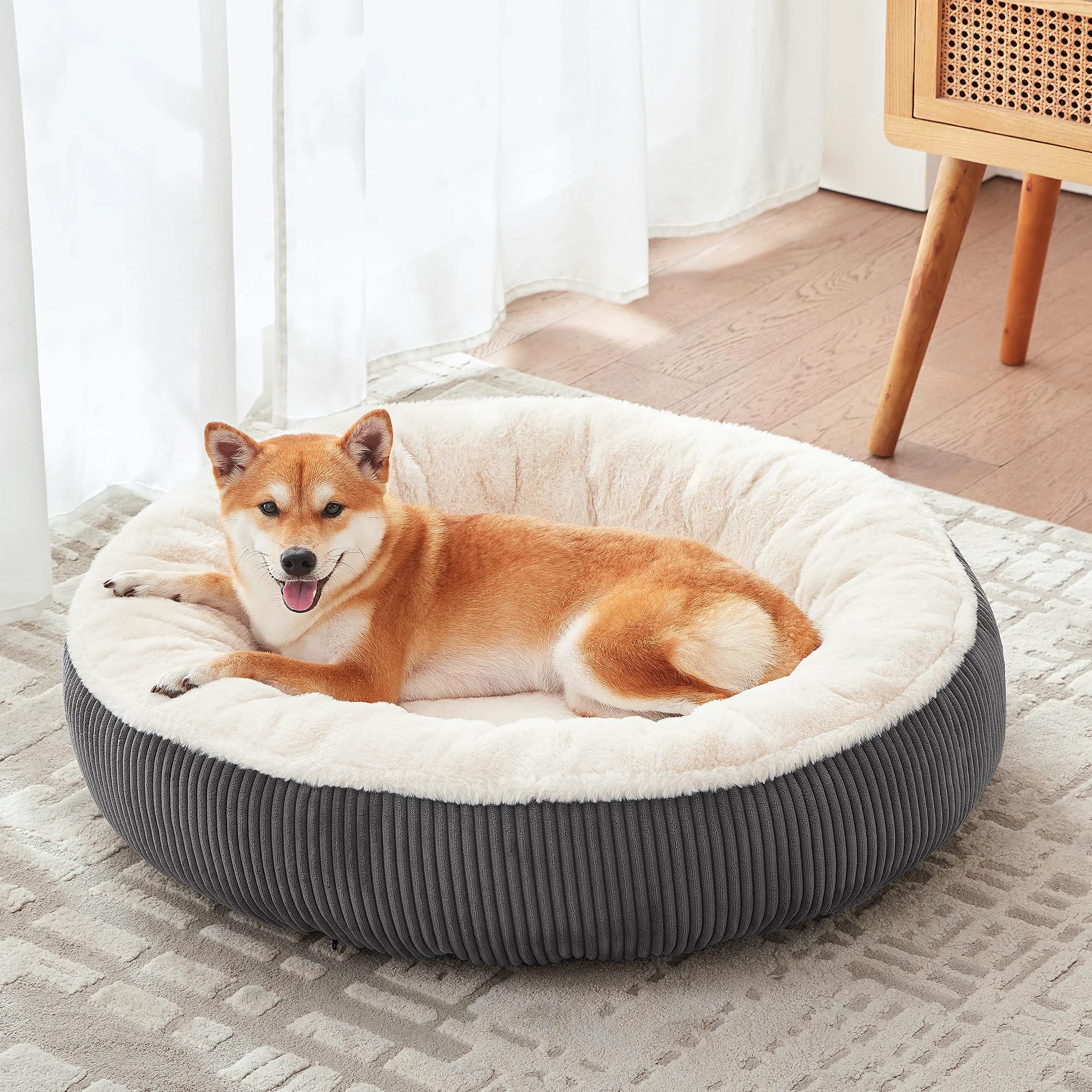 Premium Material BedStill 33-Inch Donut Dog Bed for Medium Large Dogs Calming Plush Bed with Removable Cover Dark Grey M Plus Eco-Friendly