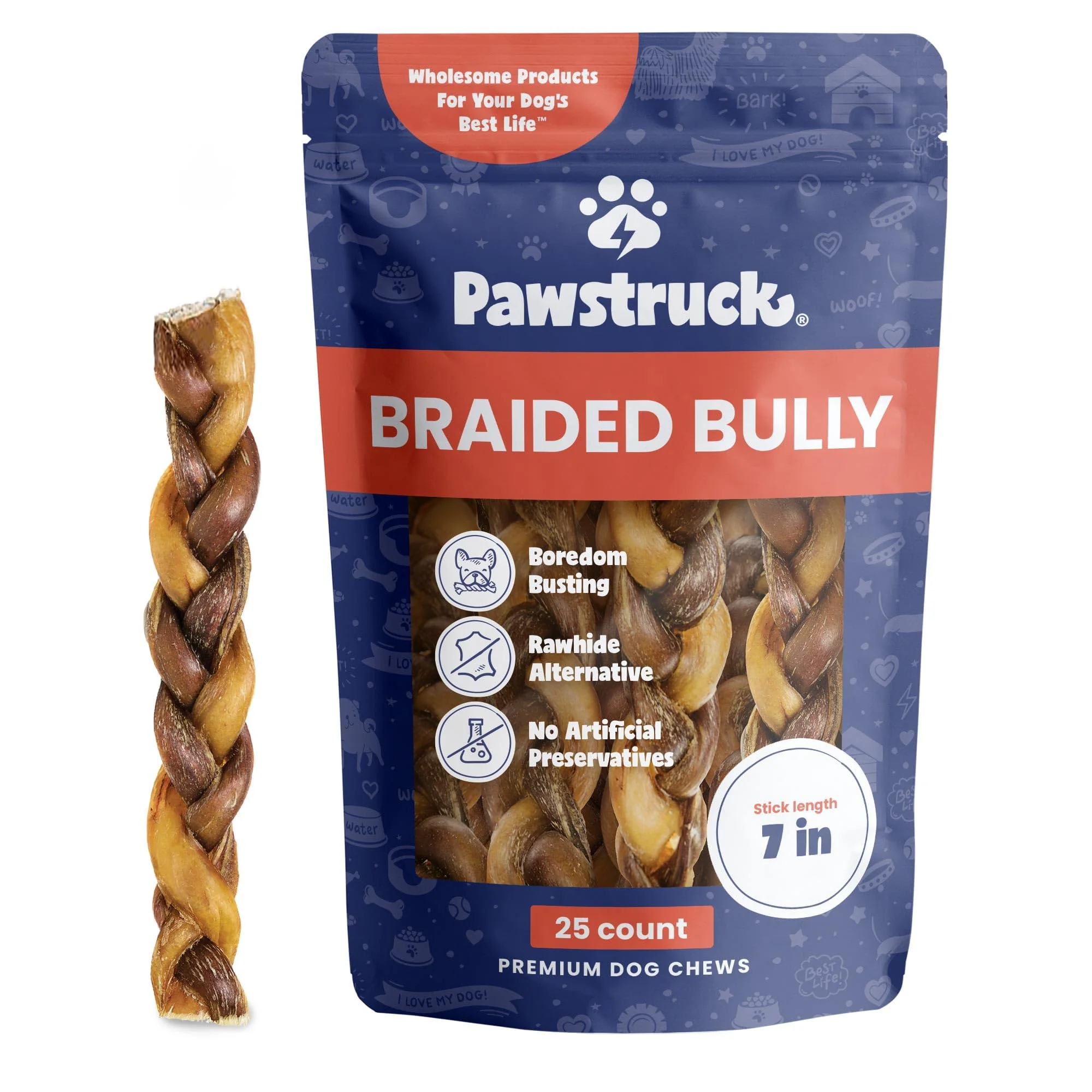 Environmentally Friendly Pawstruck Natural 7 Braided Bully Sticks for Dogs – Rawhide- Low Odor 25 Count Smooth