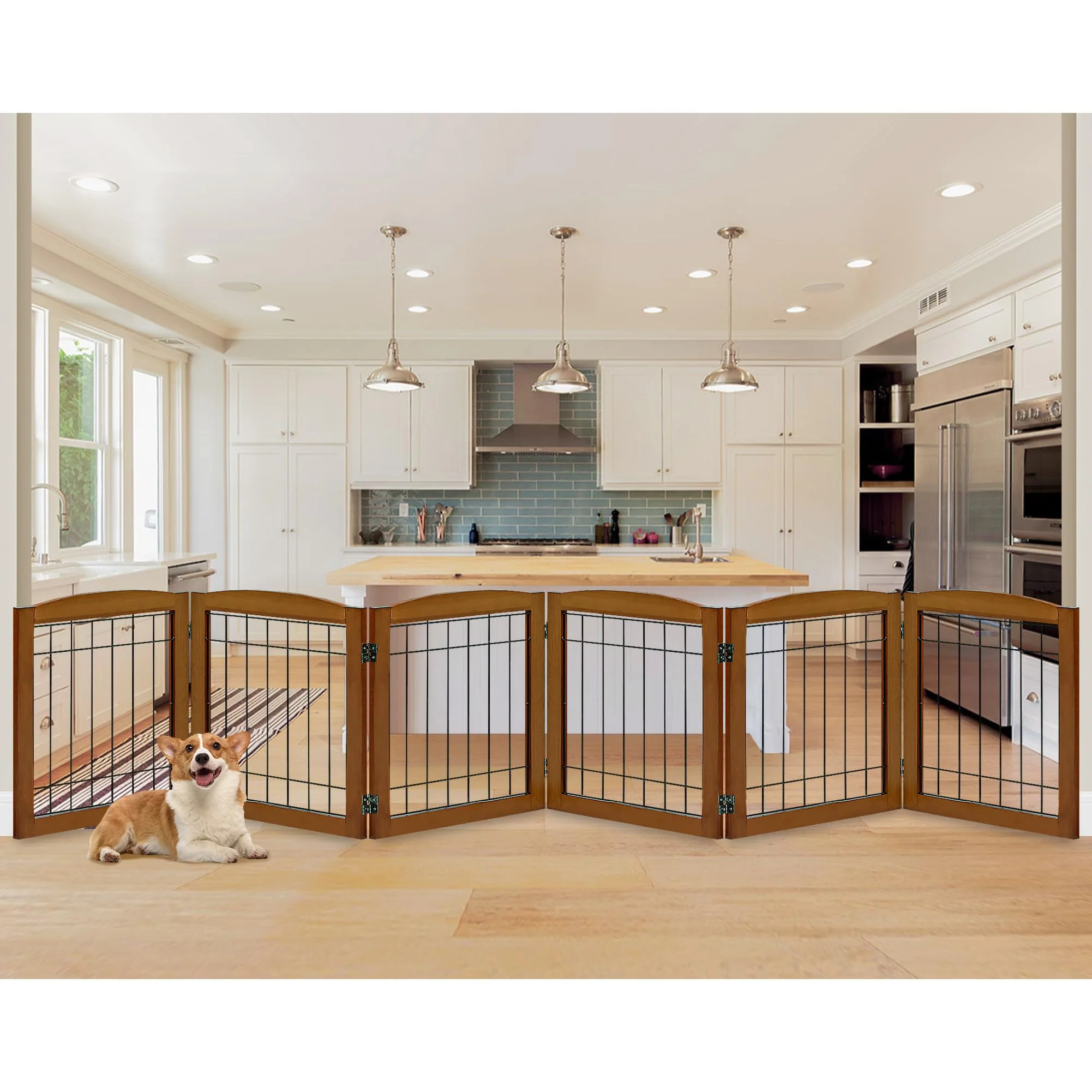 Recyclable LZRS 6-Panel Extra Wide Wooden Dog Gate – Foldable standing Barrier Cherry Flexible