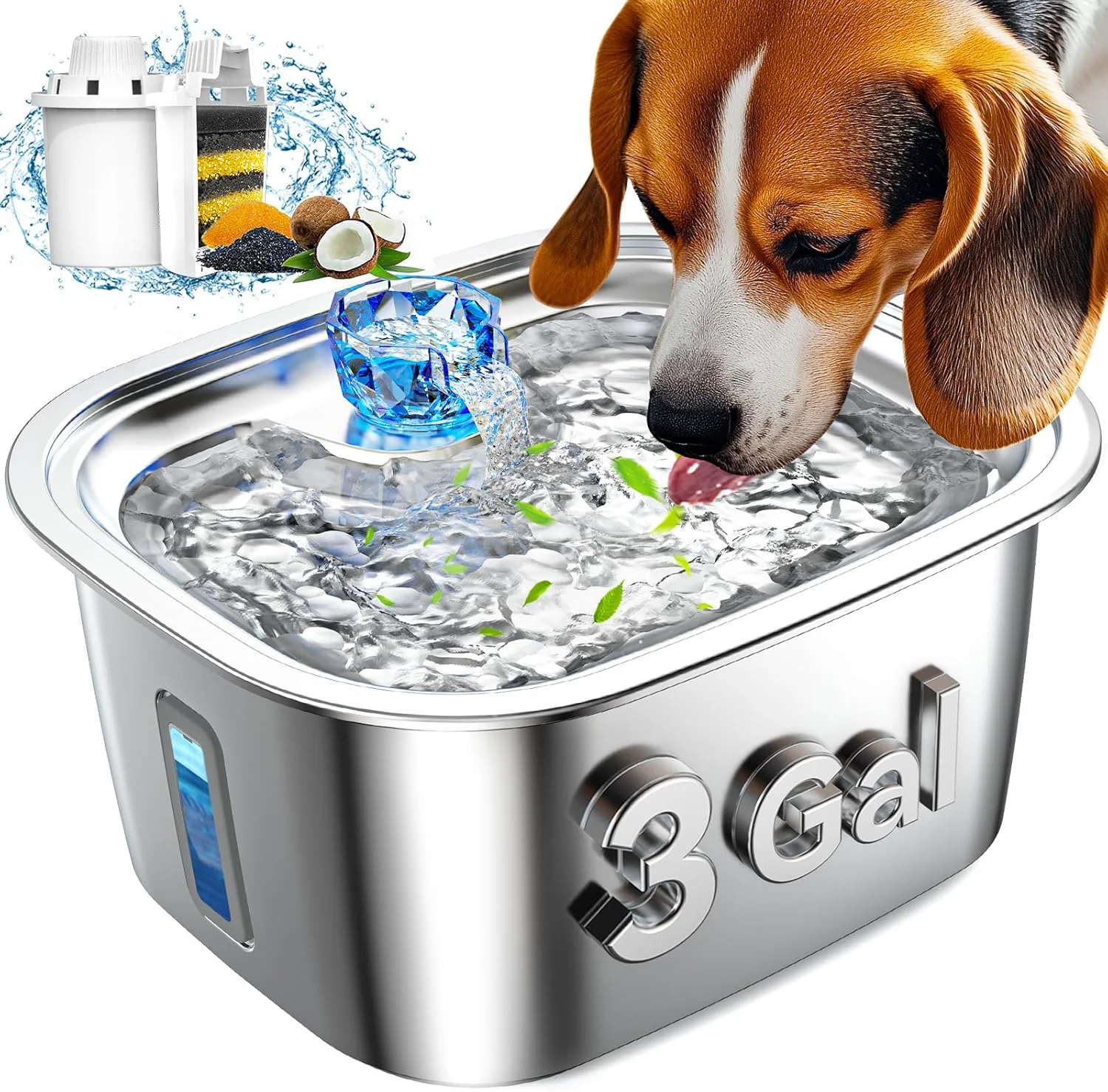 Modern Dog Water Fountain for Large Dogs Stainless Steel 3Gal Extra Large Dog Water Bowl Dispenser with 2 Filters Visual Window Automatic Filtered Pet Fountain Indoor Quiet Safe Pump with LED Indicator Enhanced