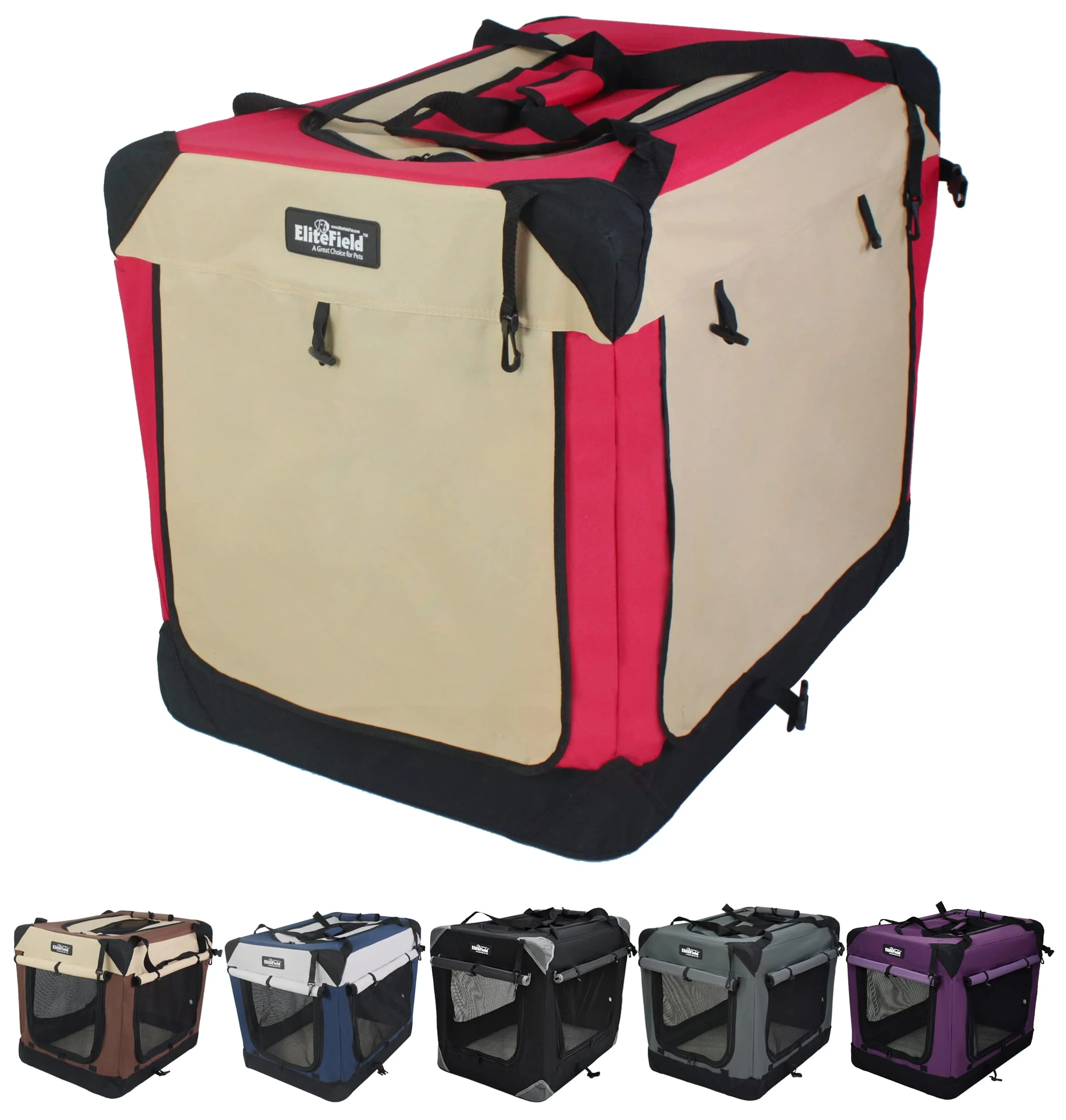 Reusable EliteField 4-Door Folding Soft Dog Crate with Curtains Bag Fleece Bed — 36 x 24 x 28 in Red Beige Specialty