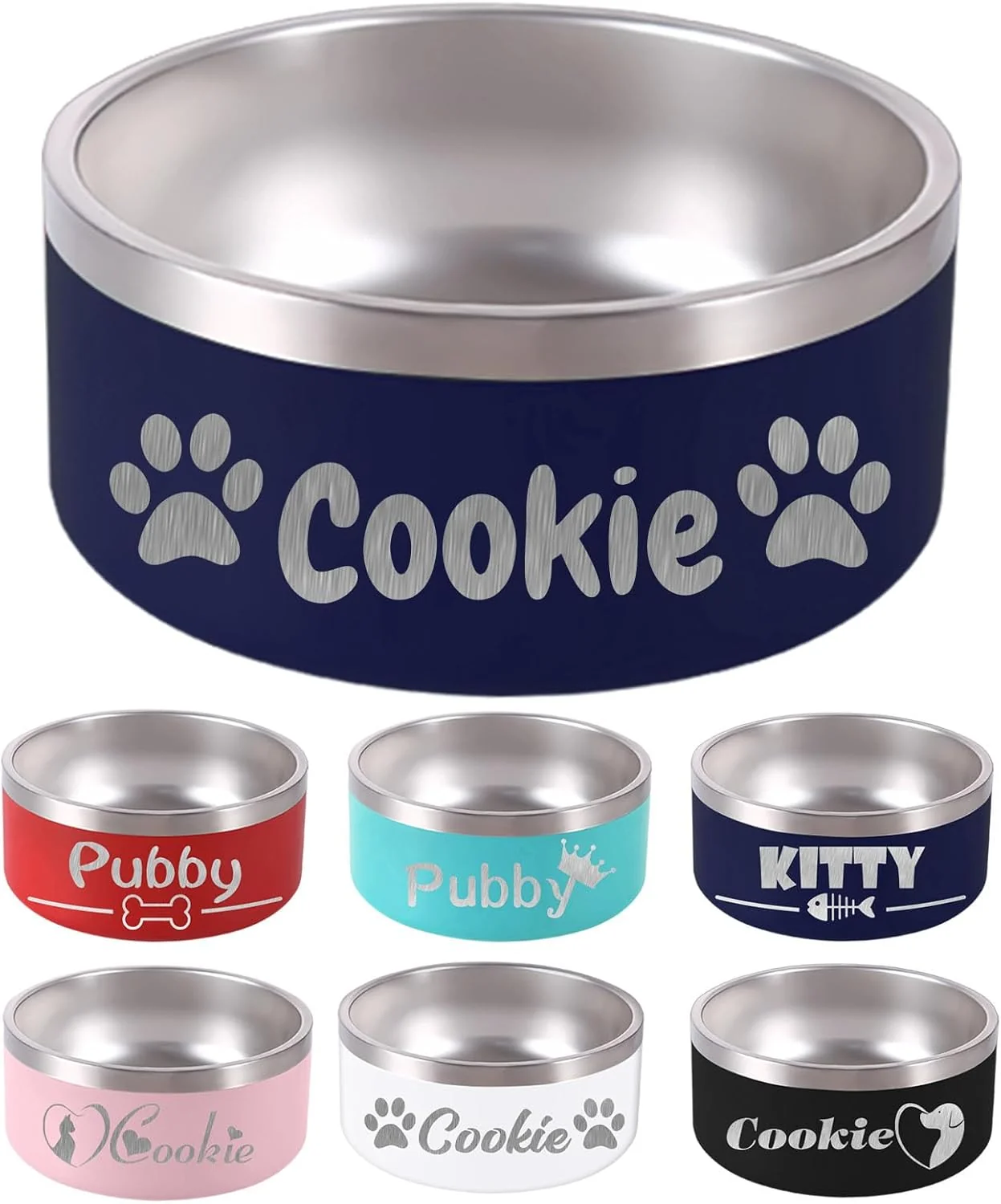 Fine Personalized Dog Bowl Laser Engraved Custom Pet Name 18 32 42 64 oz No Slip Stainless Steel Insulated Bite-Resistant Food Water Dishes-Navy Eco-Friendly