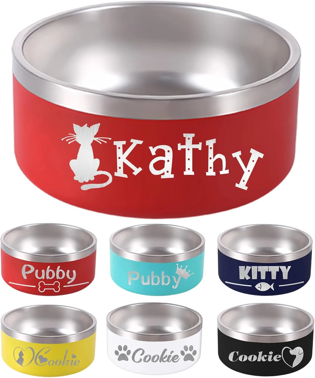 High-End 42OZ Personalized Dog Bowl Laser Engraved Custom Pet Name 18 32 42 64 oz No Slip Stainless Steel Insulated Bite-Resistant Food Water Dishes-Red Casual